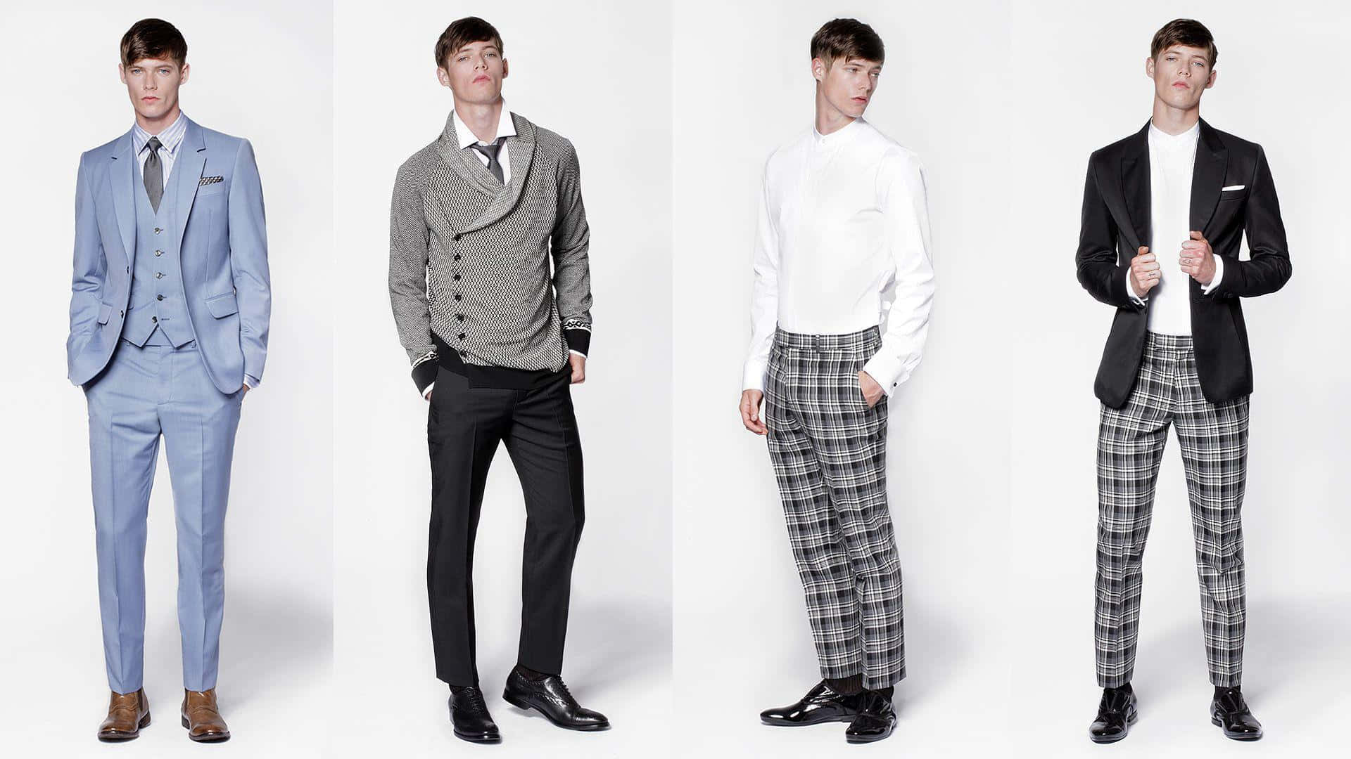 tailored suits, plaid trousers, plain white studio backdrop, Full HD Desktop Wallpaper
