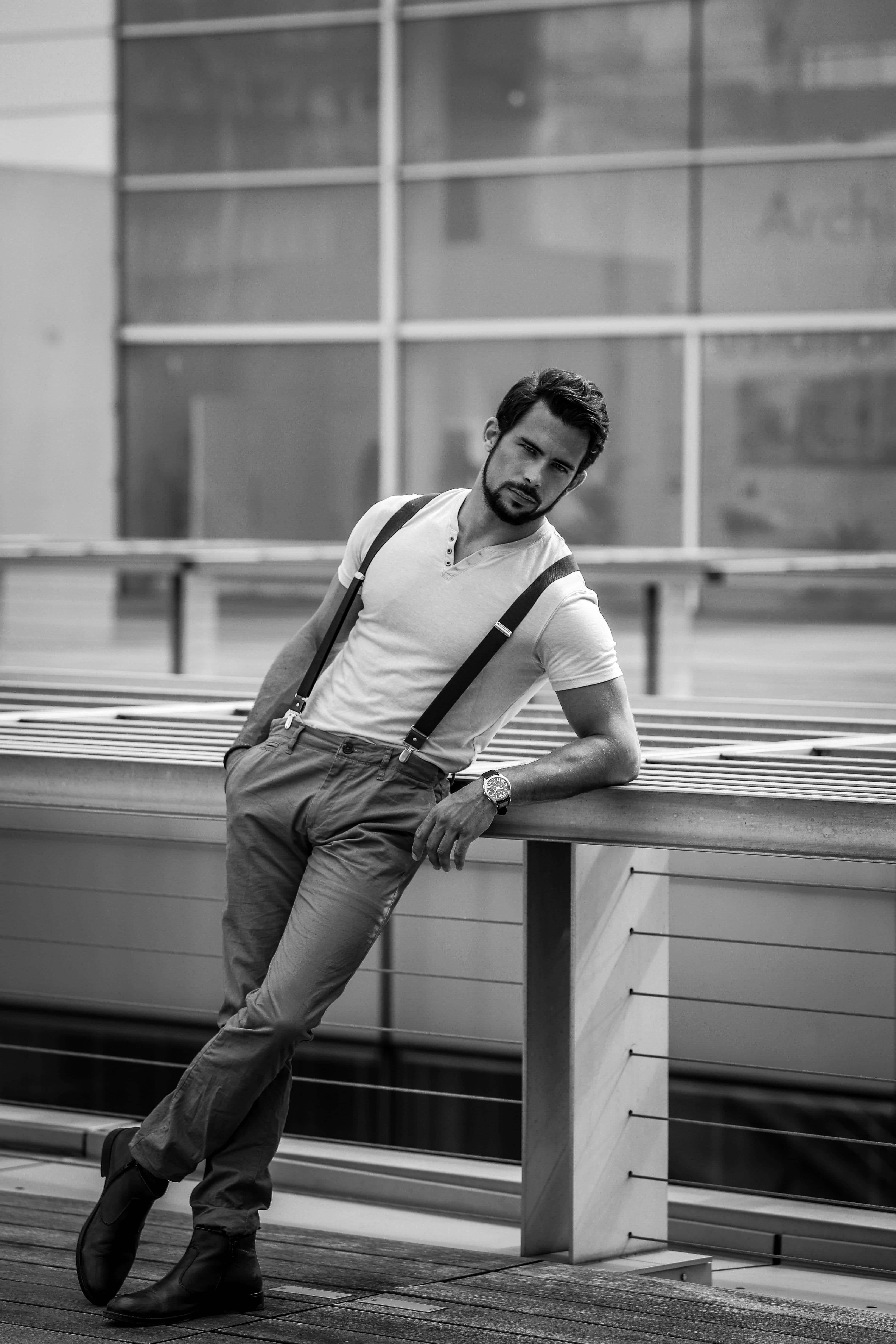 dandy male model, suspenders, railing, 5K Phone Wallpaper