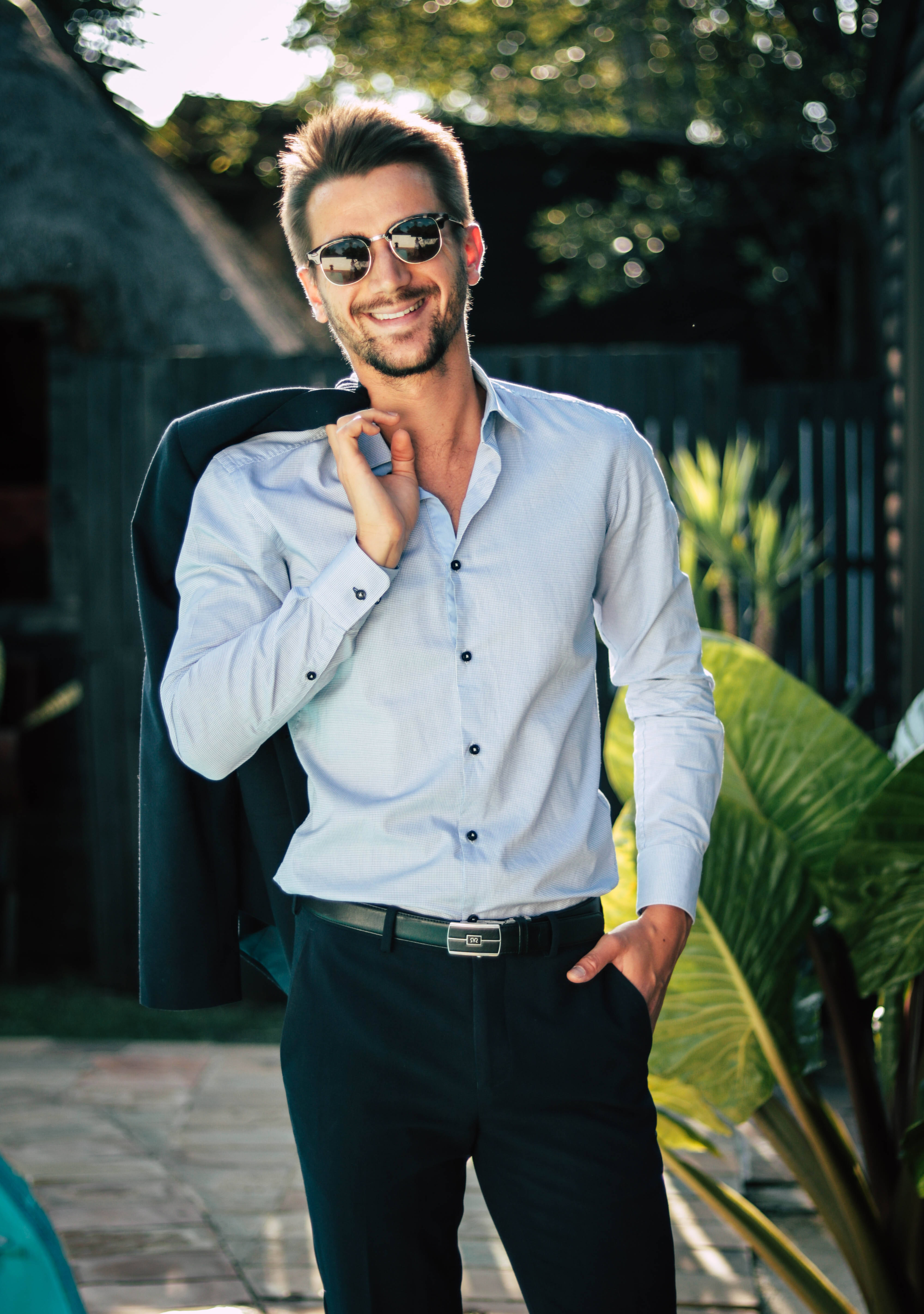 male pose, sunglasses, light blue shirt, 5K Phone Wallpaper