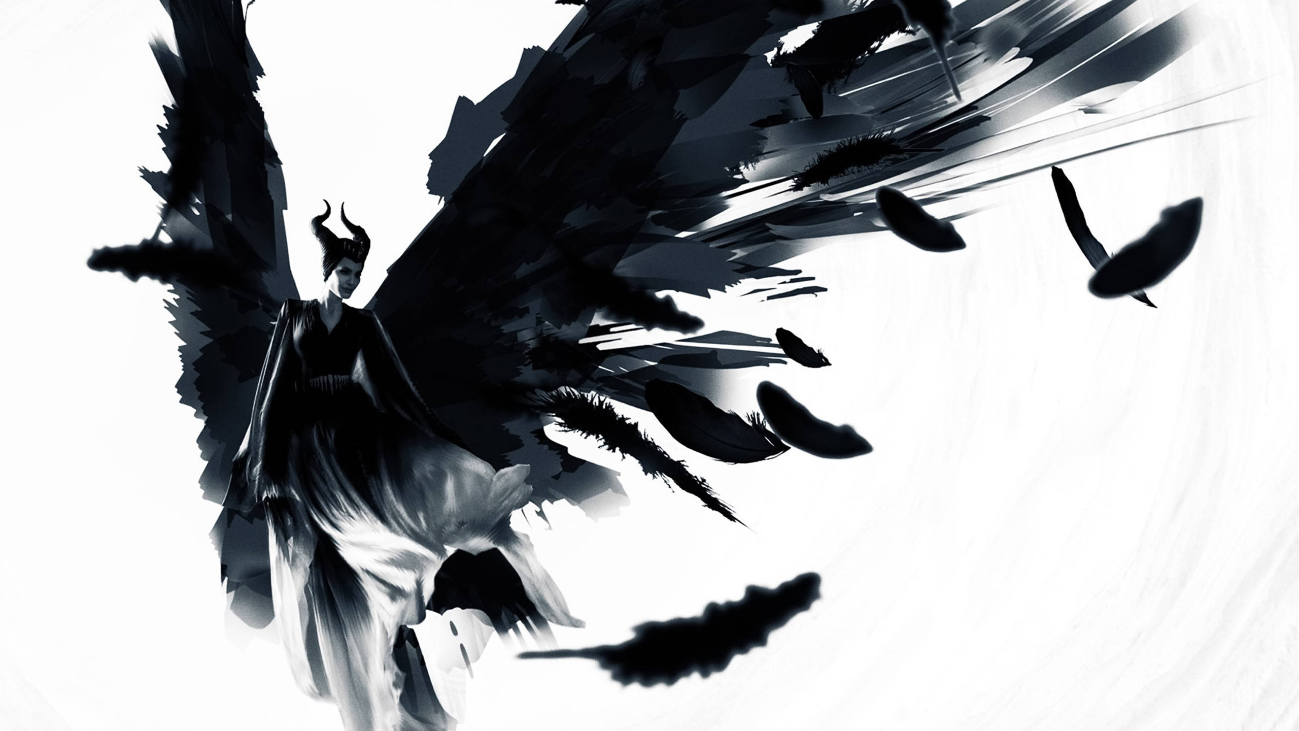 Maleficent, black and white artwork, dark-winged figure, 2K Desktop Wallpaper