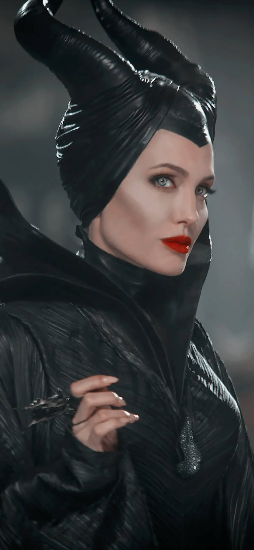 Maleficent, black horned headdress, textured gown, Full HD Phone Wallpaper