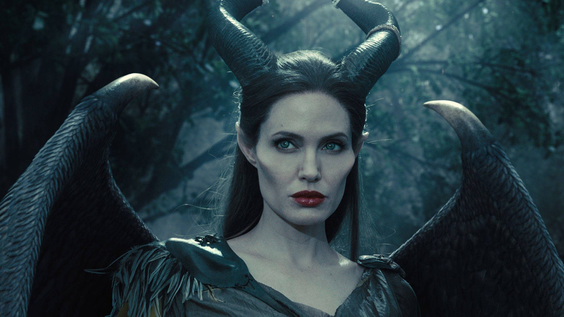 Maleficent, glowing green eyes, black horns, Full HD Desktop Wallpaper