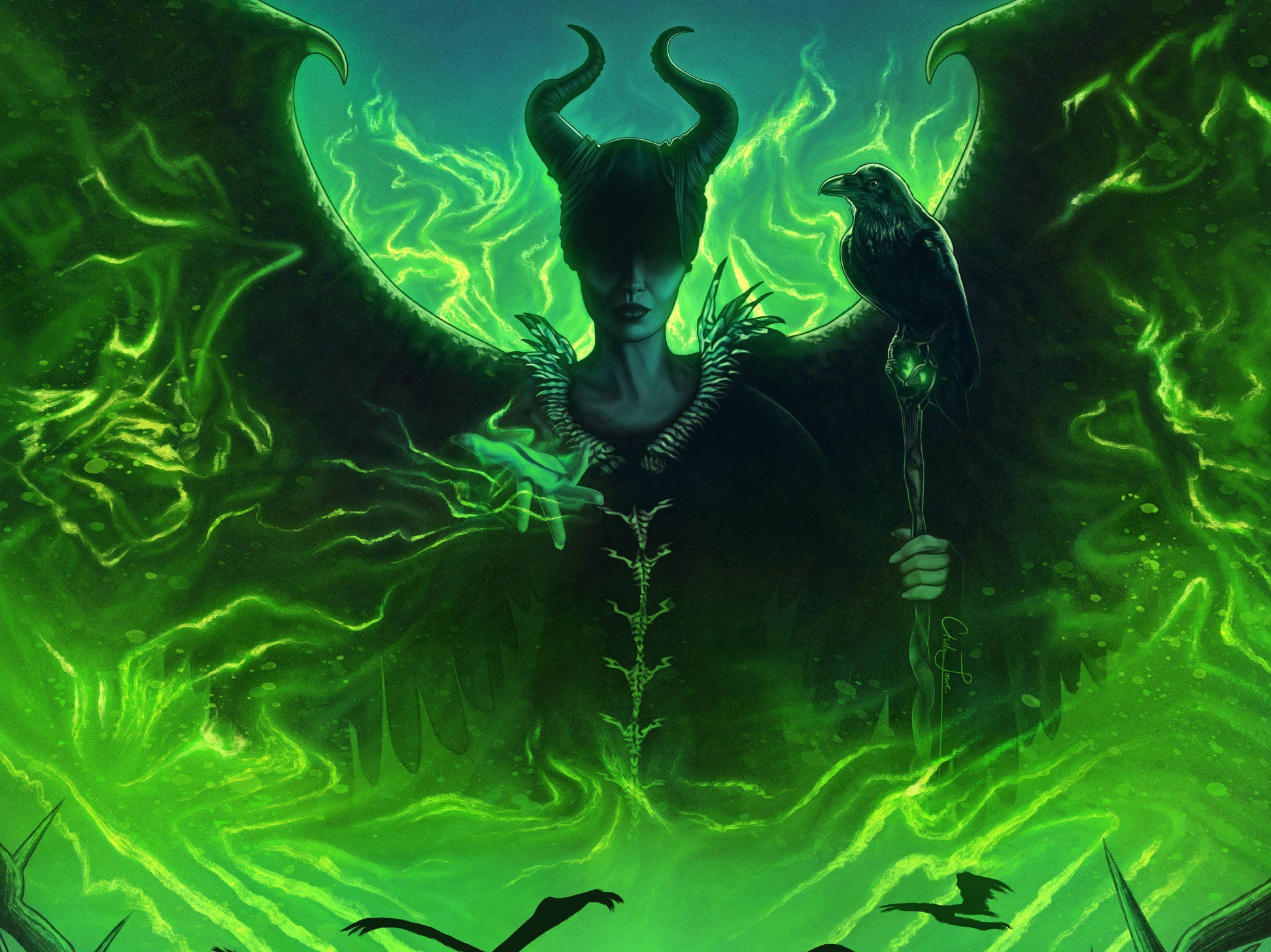 Maleficent, horned head, glowing green wings, Full HD Desktop Wallpaper