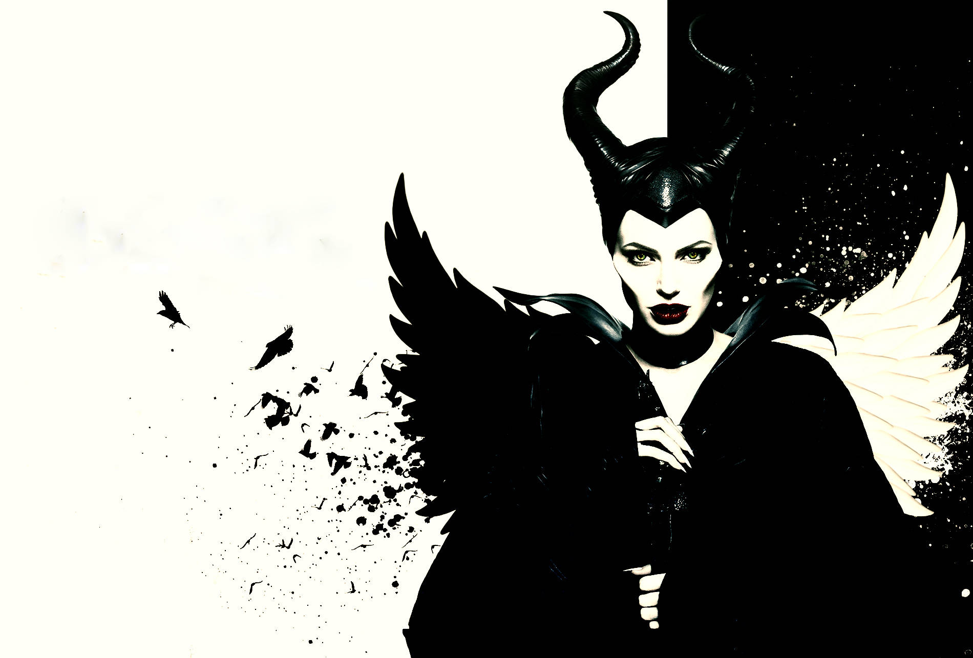 Maleficent, black and white portrait, dark horns, HD Desktop Wallpaper