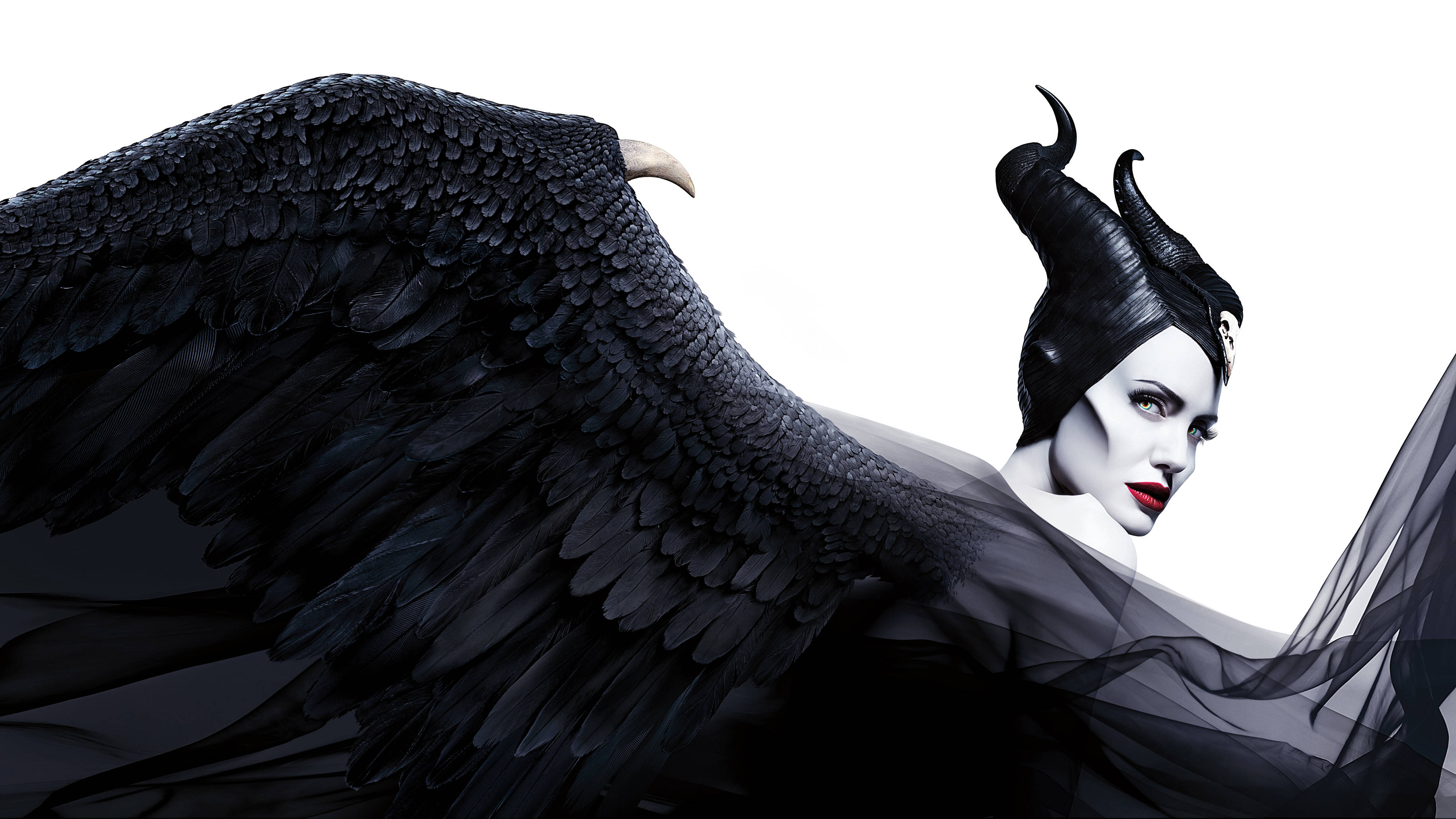 Maleficent, red lipstick, black feathered wings, 2K Desktop Wallpaper