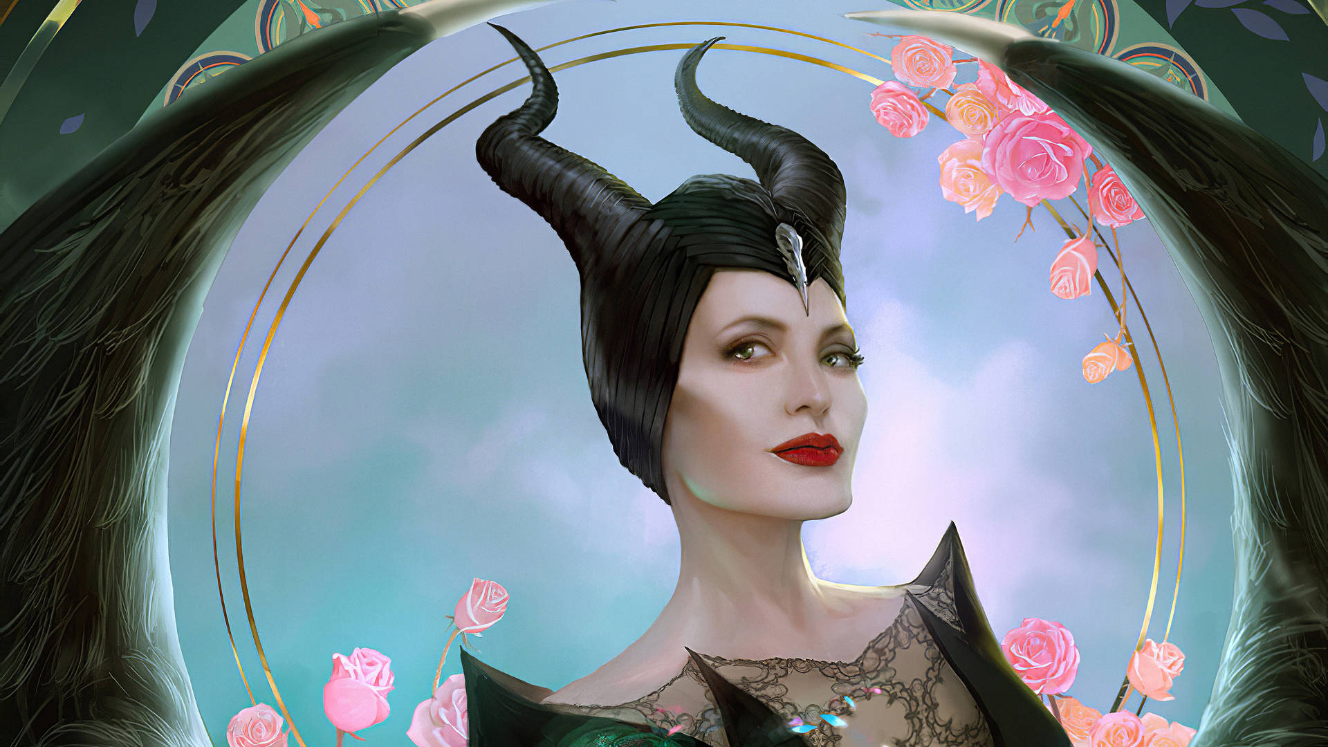 Maleficent, black horns, lace attire, Full HD Desktop Wallpaper