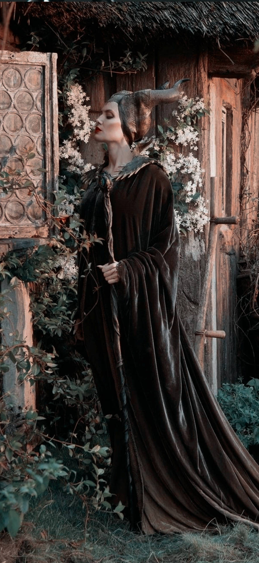 Maleficent, dark velvet gown, horned headdress, Full HD Phone Wallpaper