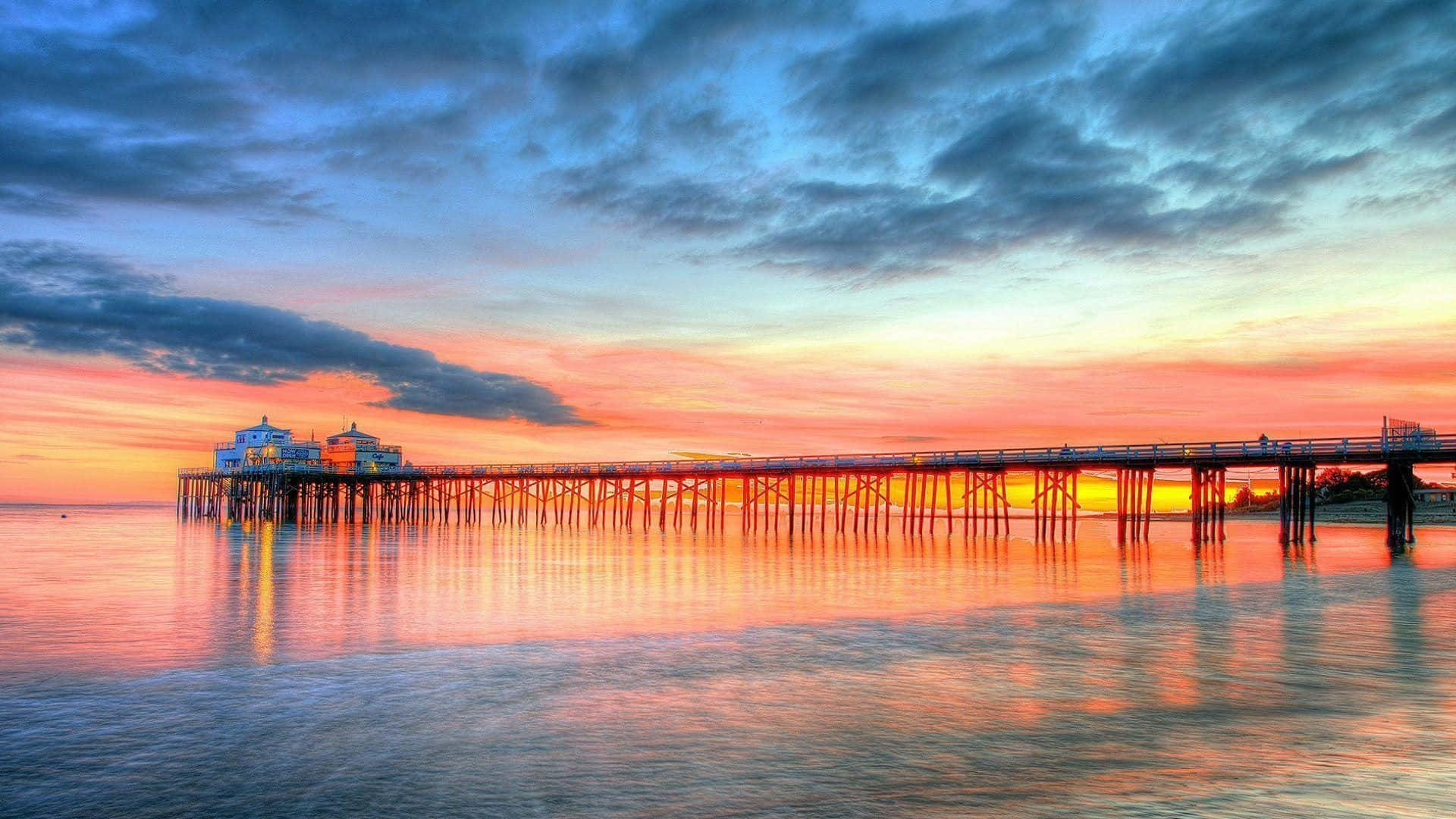 Malibu Beach Sunrise Desktop, pier, calm waters, Full HD Desktop Wallpaper