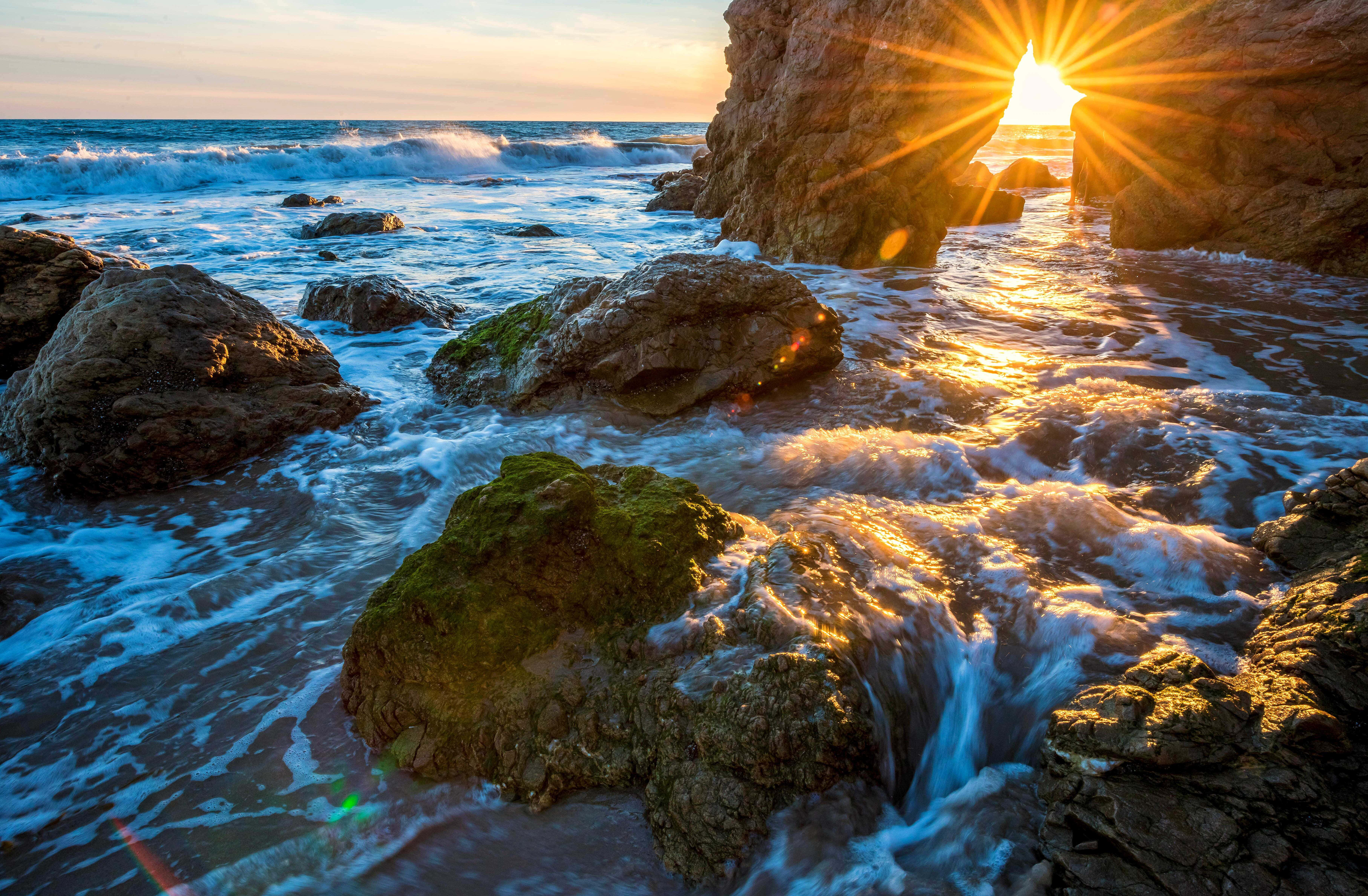 Malibu Beach, sunrise, golden hour, 5K Desktop Wallpaper