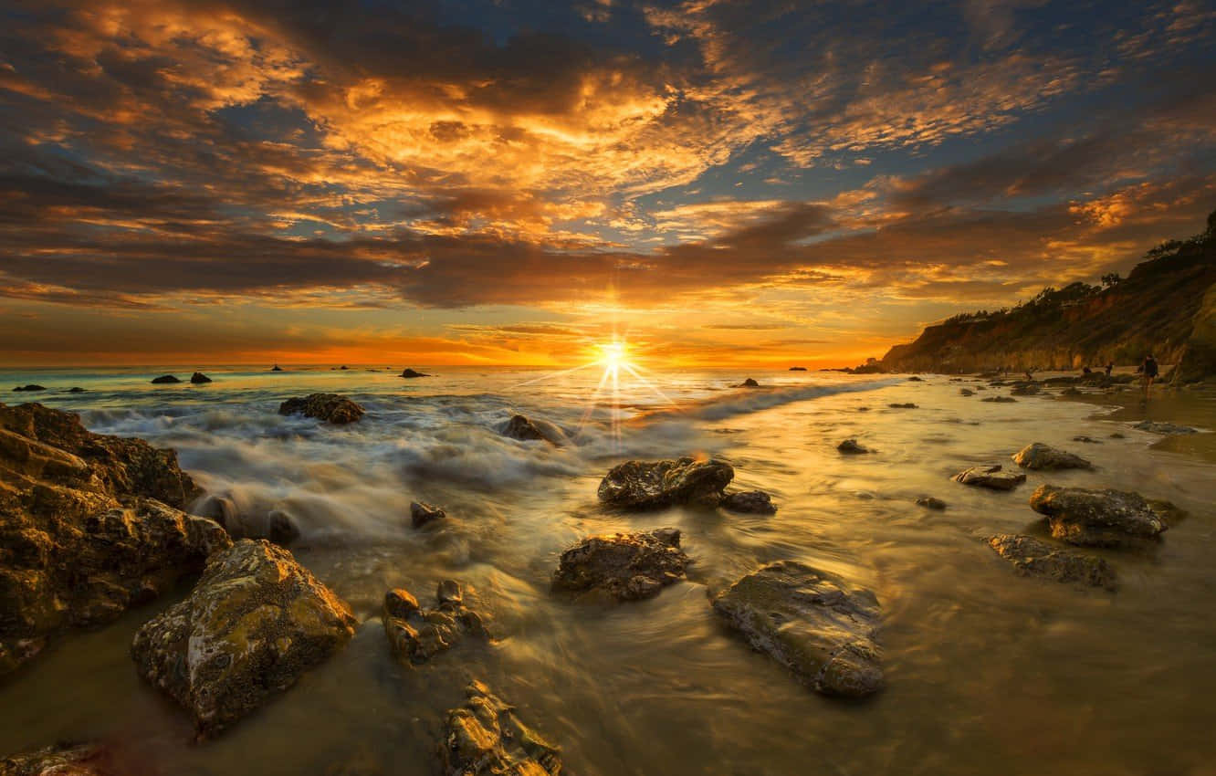 Malibu Beach, Sunset, fiery orange, HD Desktop Wallpaper