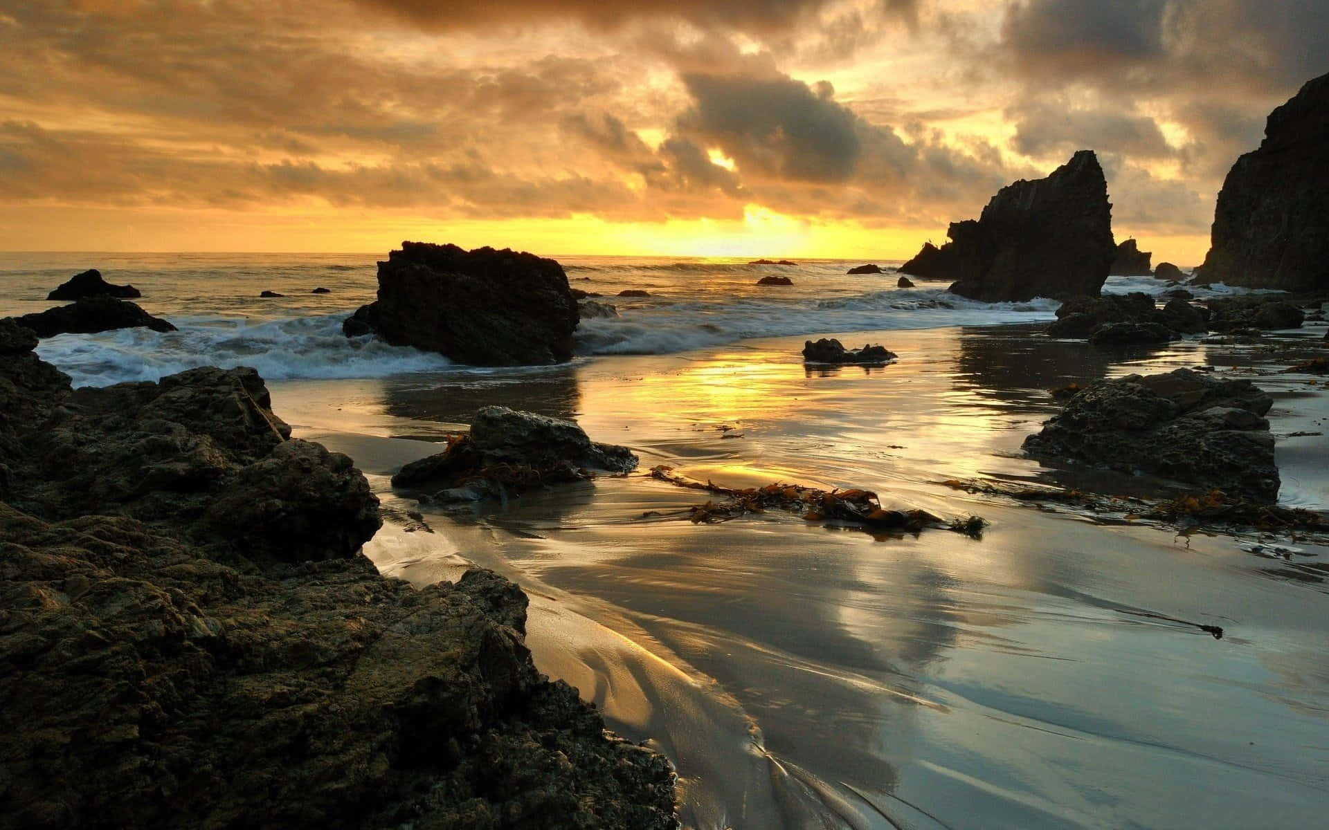 Malibu Beach Sunrise Desktop, Golden sunset, rugged coastal rocks, Full HD Desktop Wallpaper