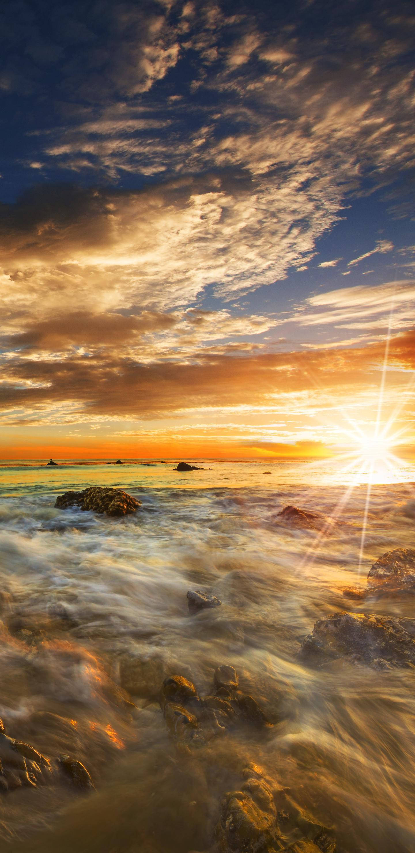 Malibu Beach, Sunset, fiery orange, 2K Phone Wallpaper