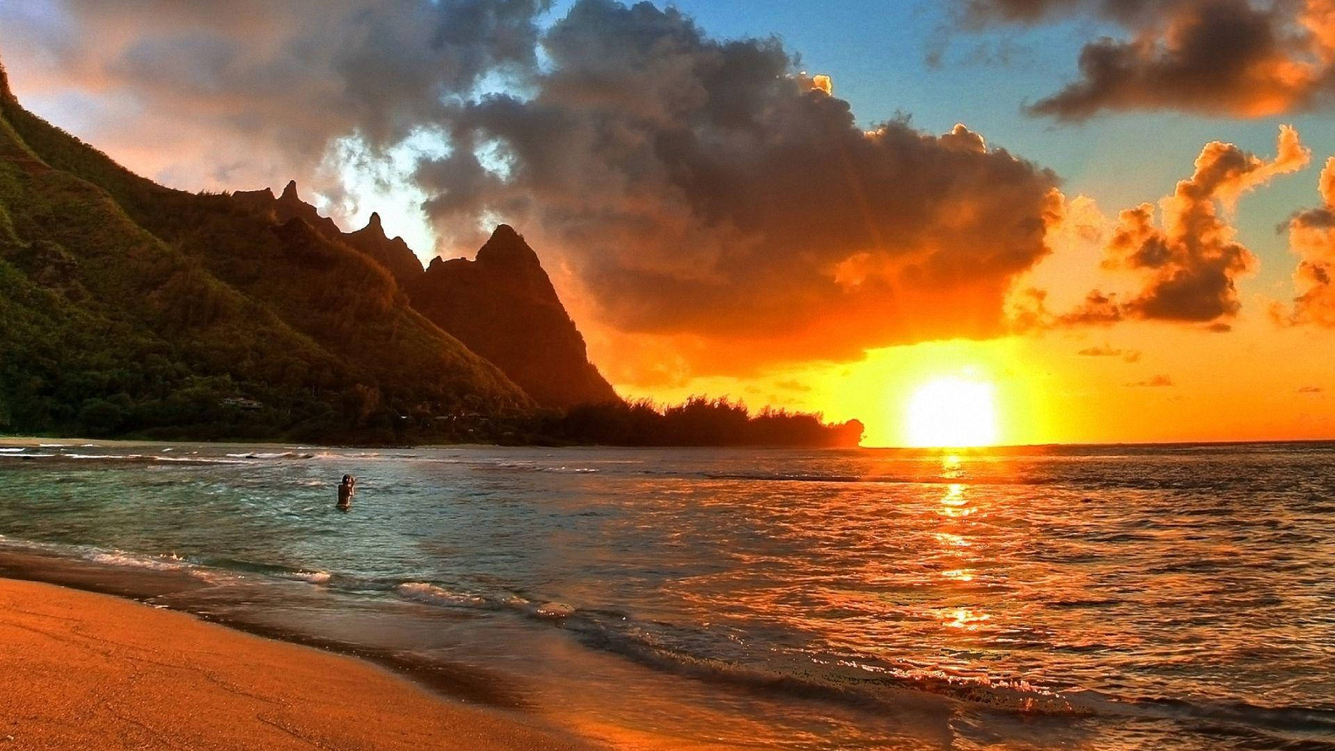 Malibu Beach, golden sunset, dramatic cliffs, Full HD Desktop Wallpaper