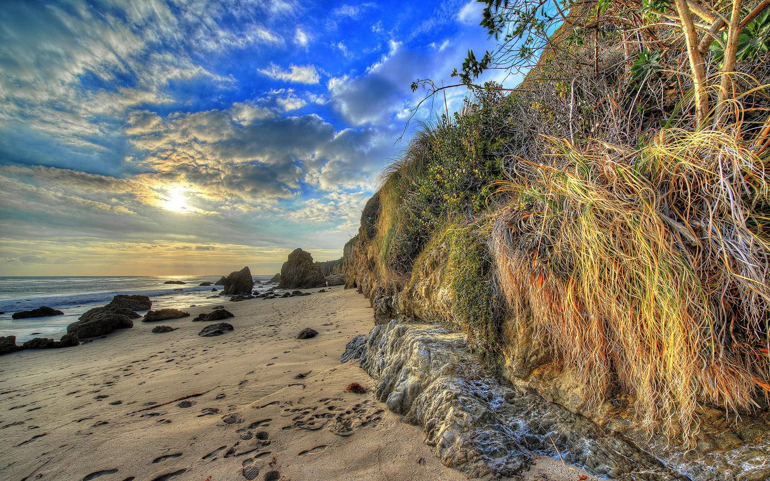 Malibu Beach, Sunset, golden grasses, 2K Desktop Wallpaper