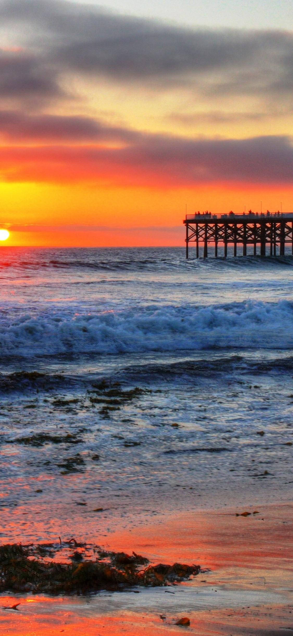 Malibu Beach, sunset, fiery orange, Full HD Phone Wallpaper