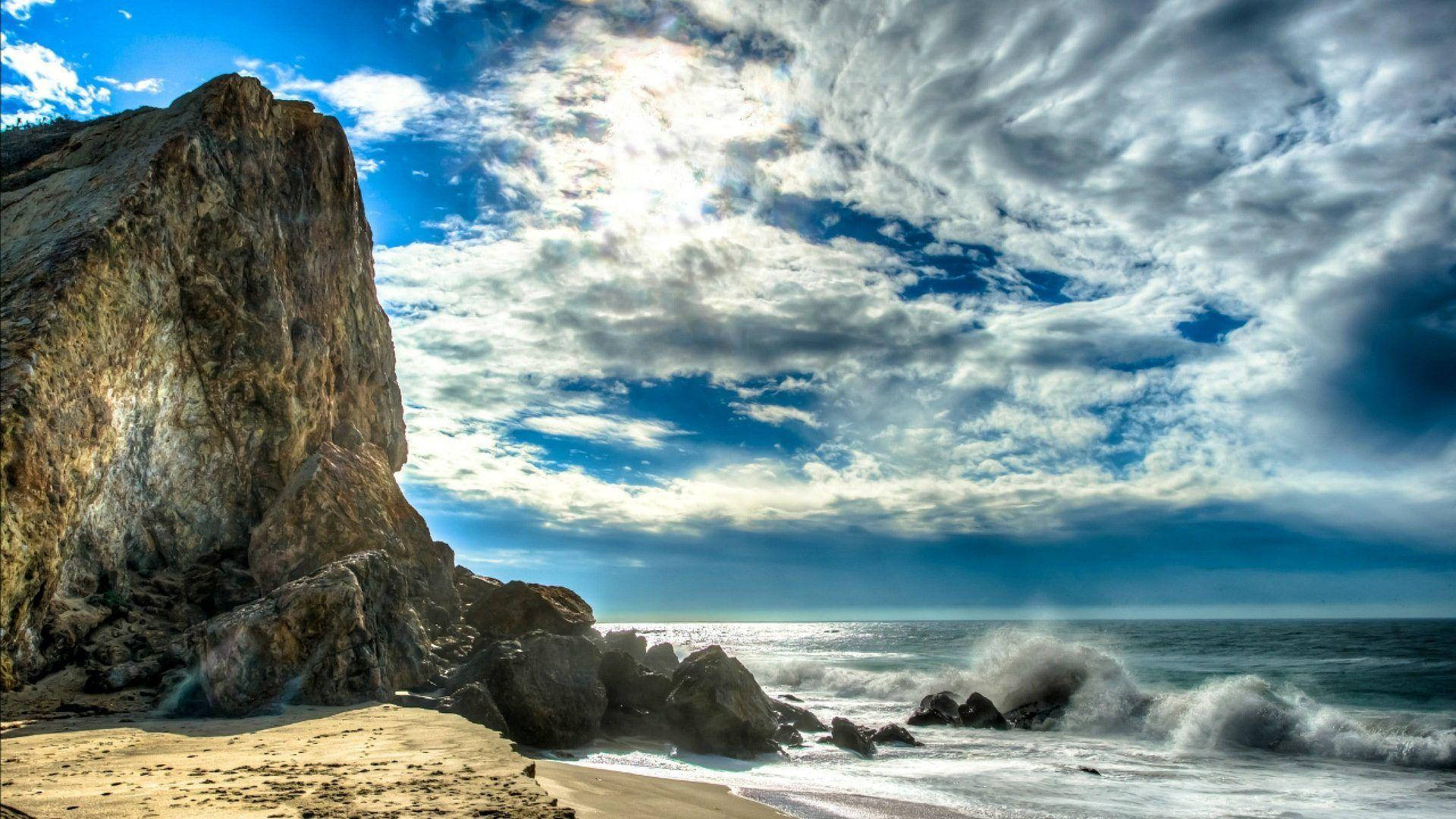 Malibu Beach, tall cliff, crashing waves, Full HD Desktop Wallpaper