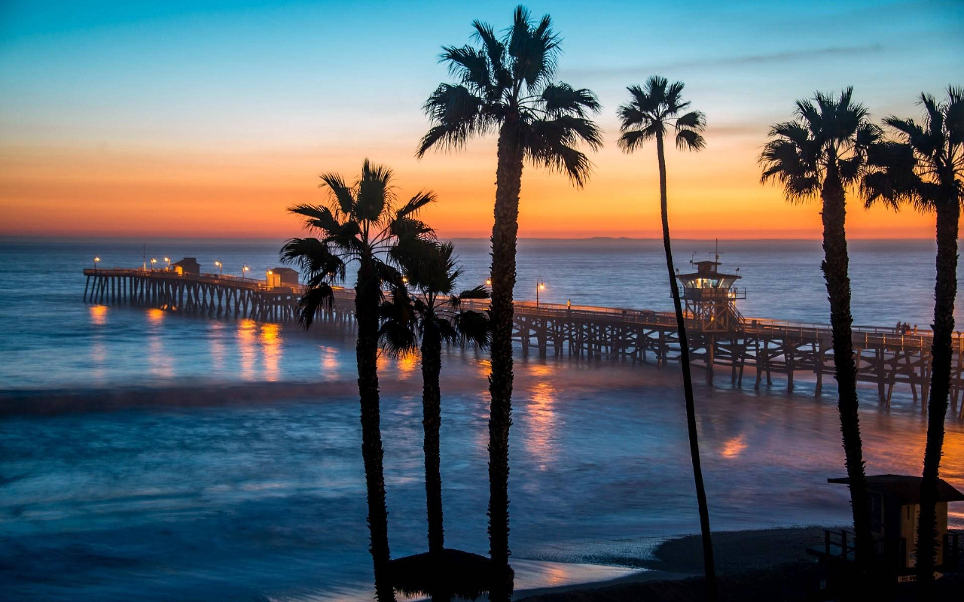 Malibu Beach, palm trees, sunset, Full HD Desktop Wallpaper