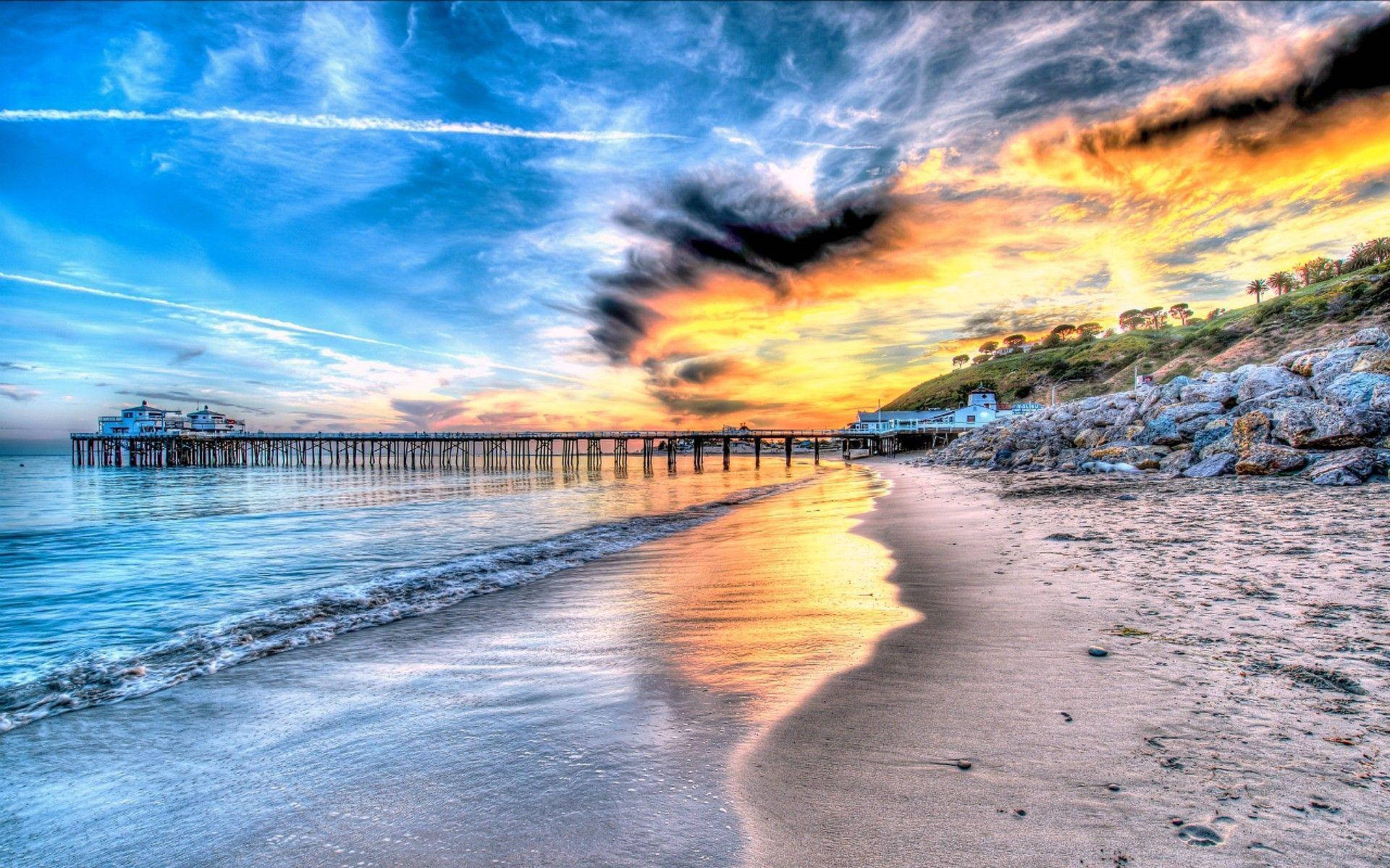 Malibu Beach, pier, sunset, Full HD Desktop Wallpaper