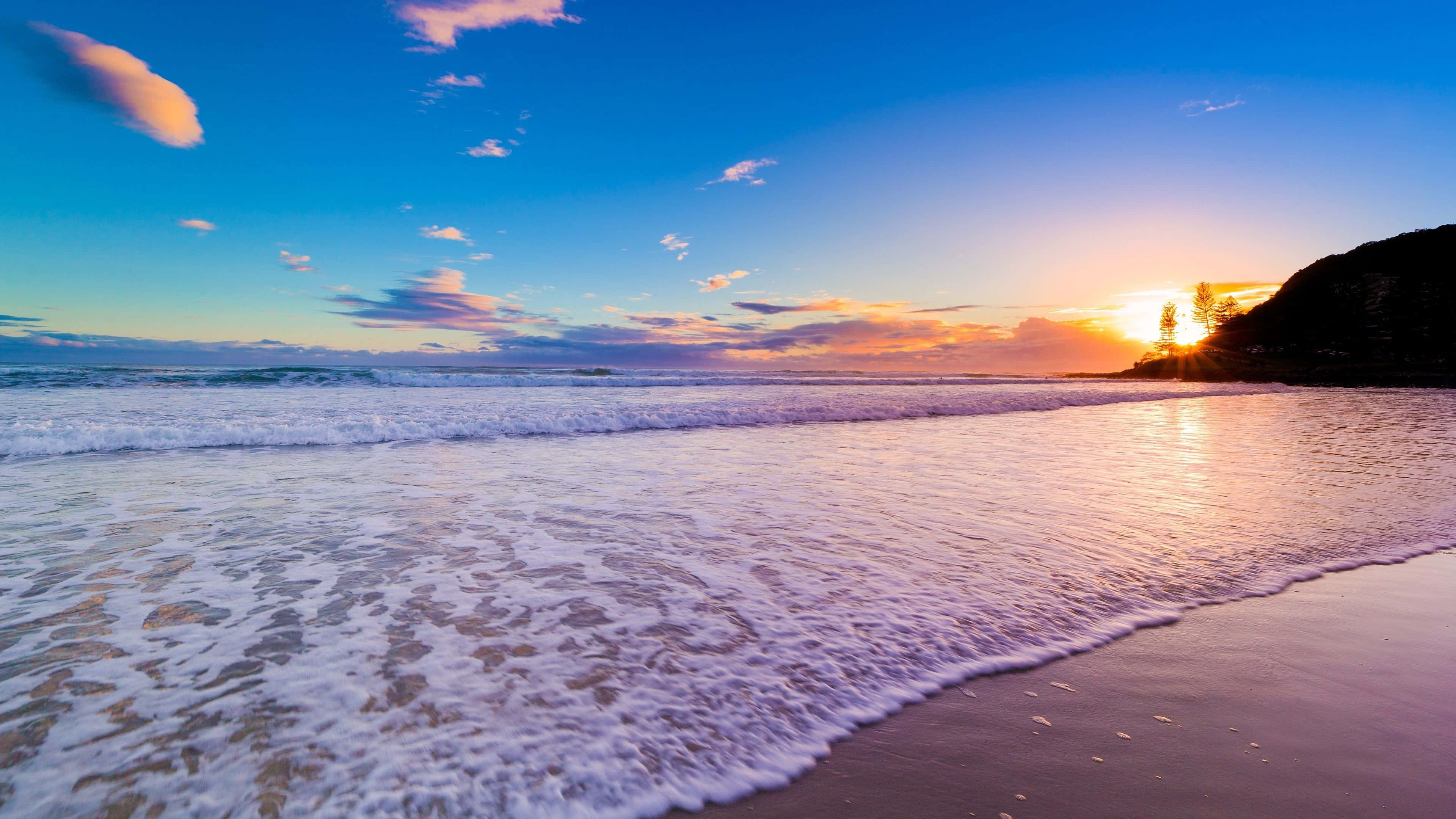 Malibu Beach, sunrise, sandy beach, 4K Desktop Wallpaper