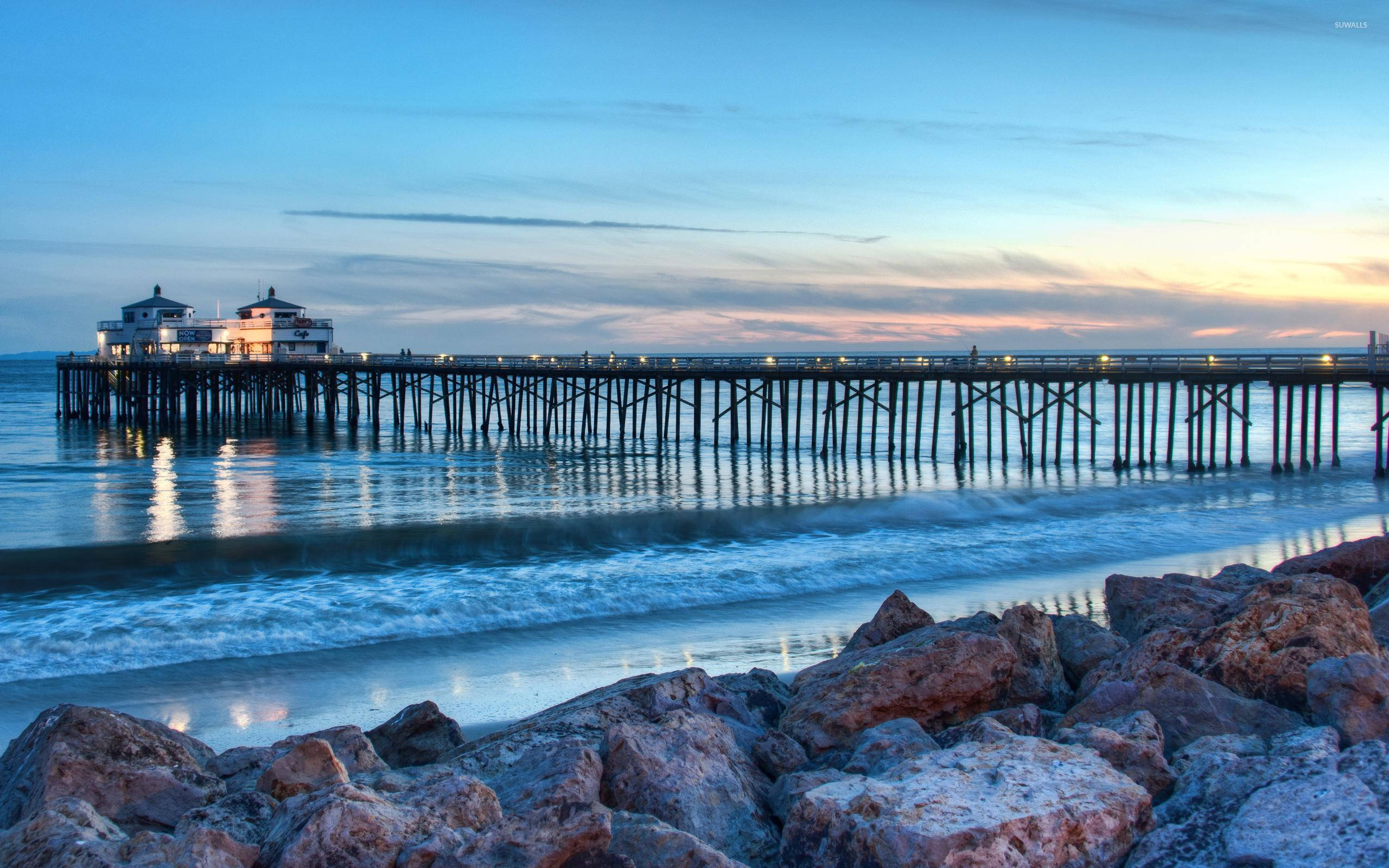 Malibu Beach, pier, dusk, 2K Desktop Wallpaper
