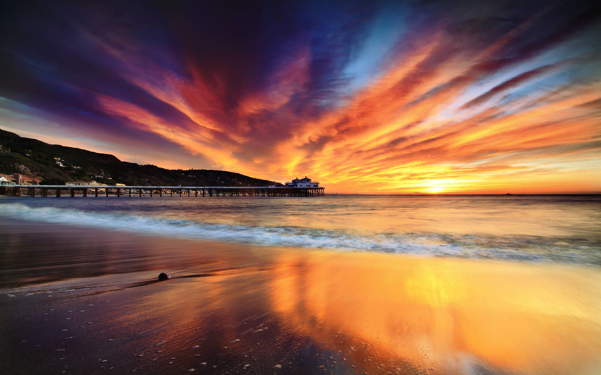 Malibu Beach, sunset, fiery orange, Full HD Desktop Wallpaper