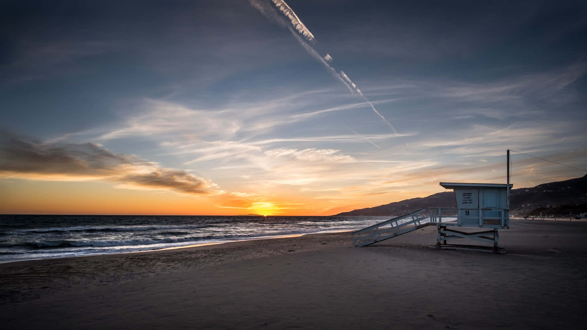 Malibu Beach, sunrise, lifeguard tower, Full HD Desktop Wallpaper