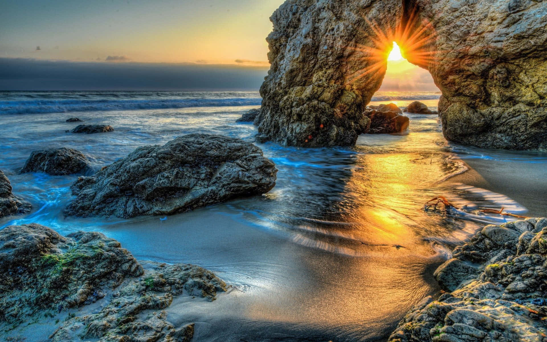 Malibu Beach, sunrise, rock arch, Full HD Desktop Wallpaper