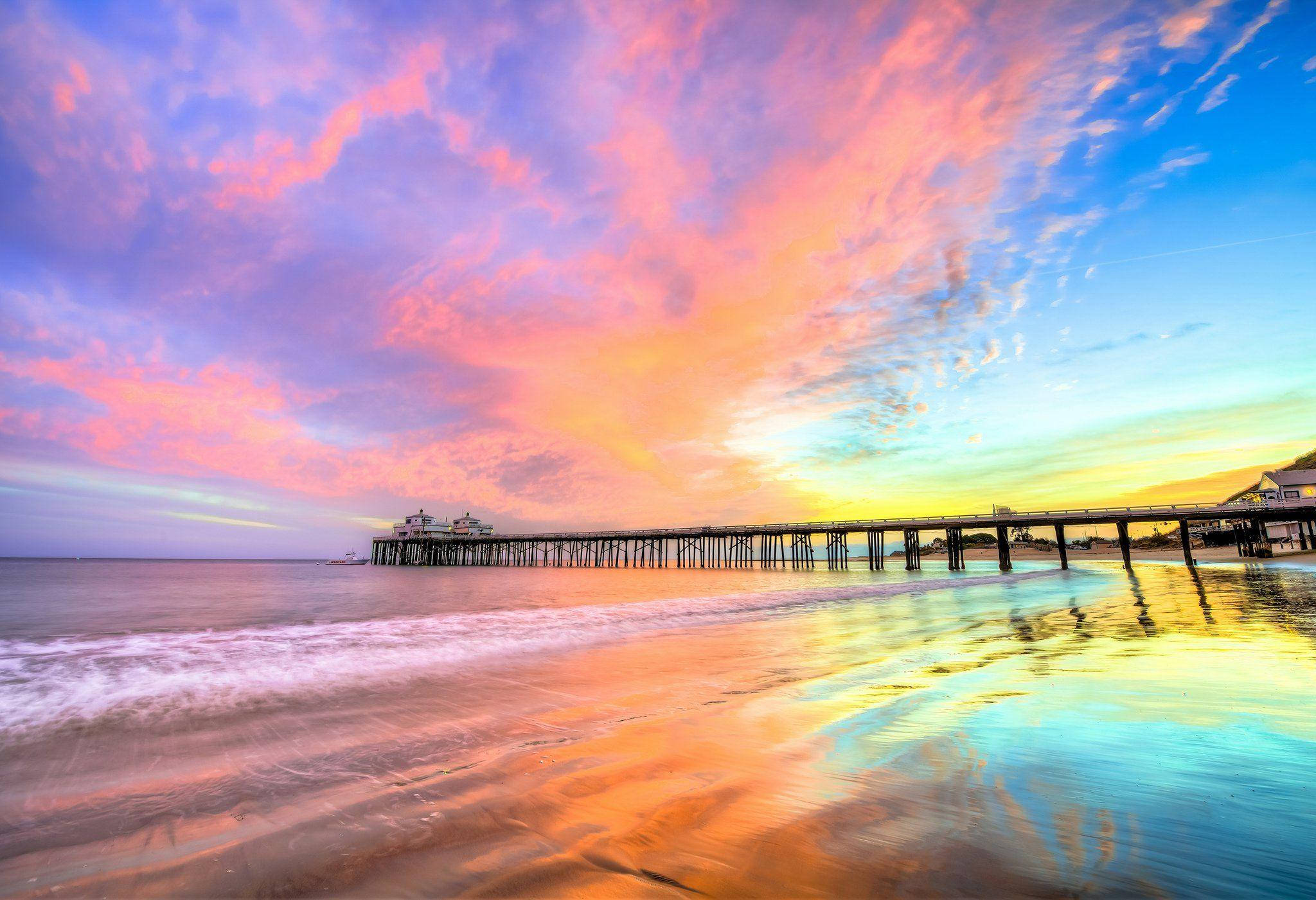 Malibu Beach, rainbow skies, sunset, Full HD Desktop Wallpaper