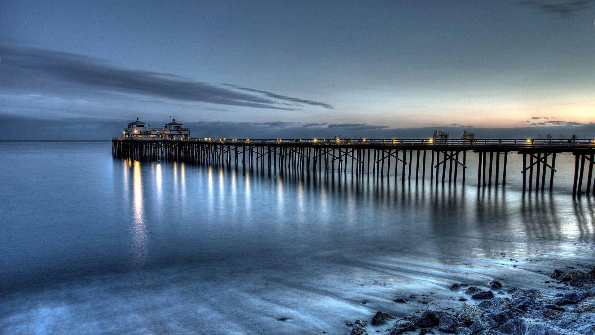 Malibu Beach, twilight, long wooden pier, Full HD Desktop Wallpaper