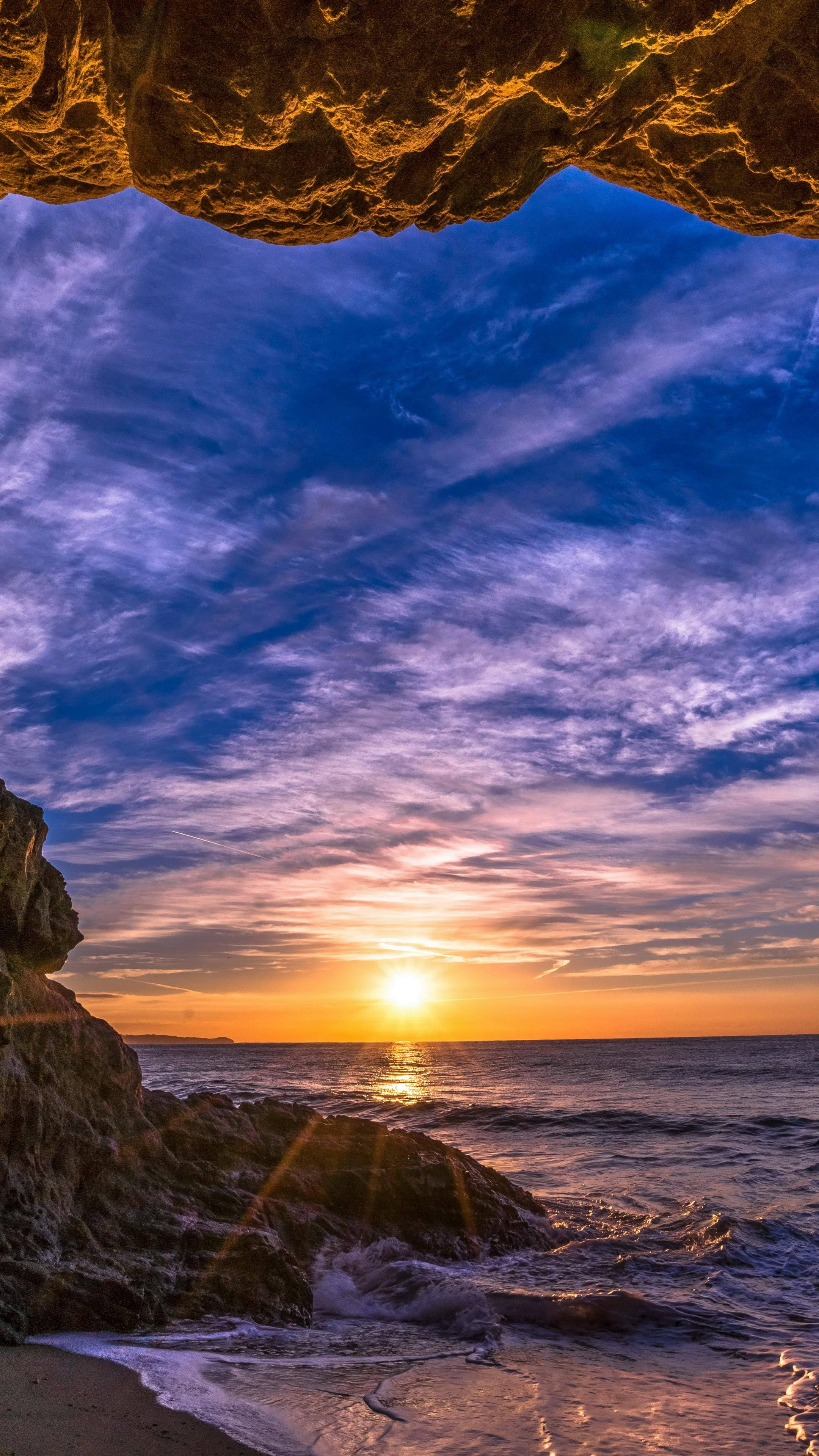 Malibu Beach, Sunset, Orange sun, 4K Phone Wallpaper