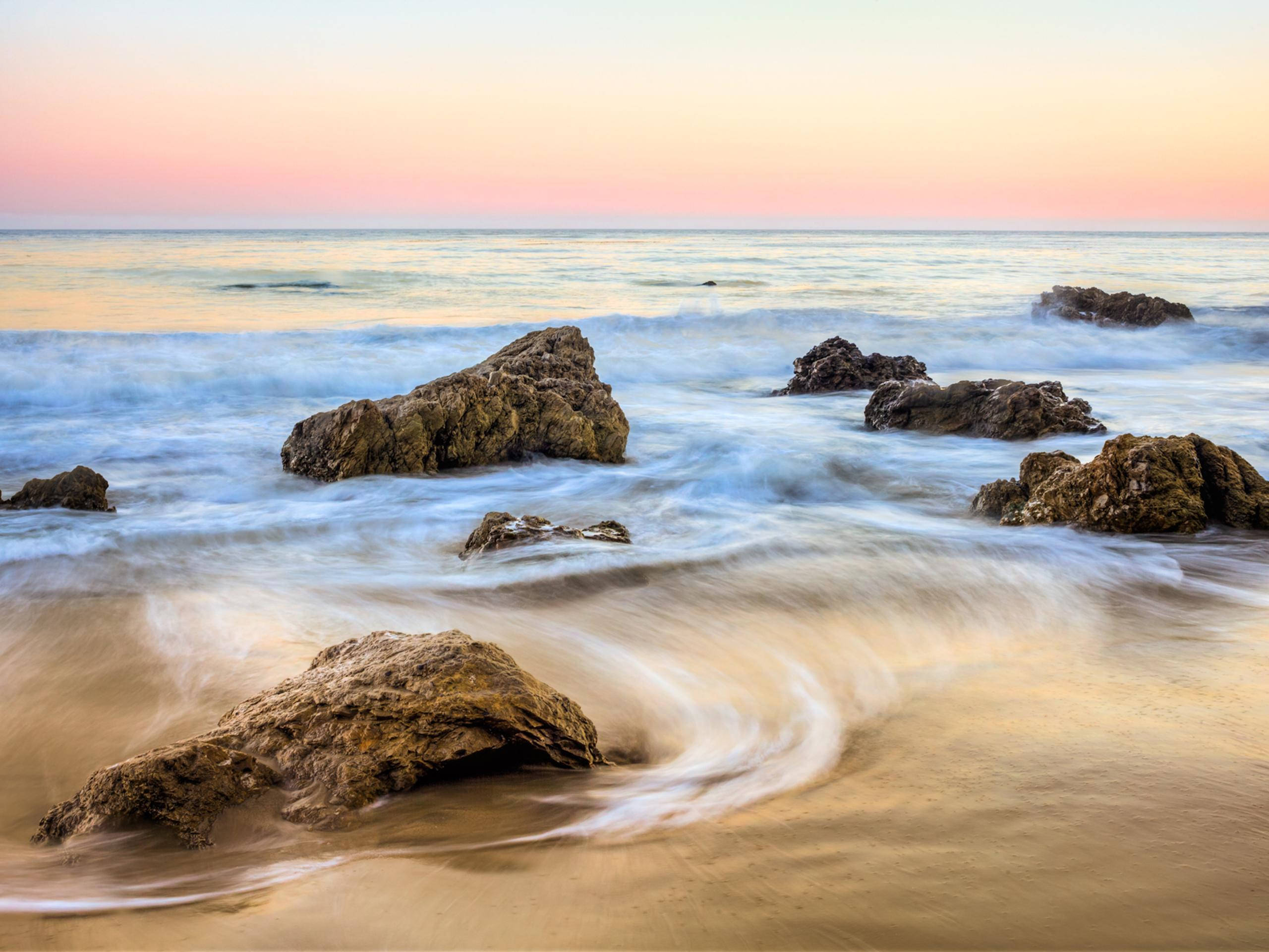 Malibu Beach, sunset, pink, 2K Desktop Wallpaper