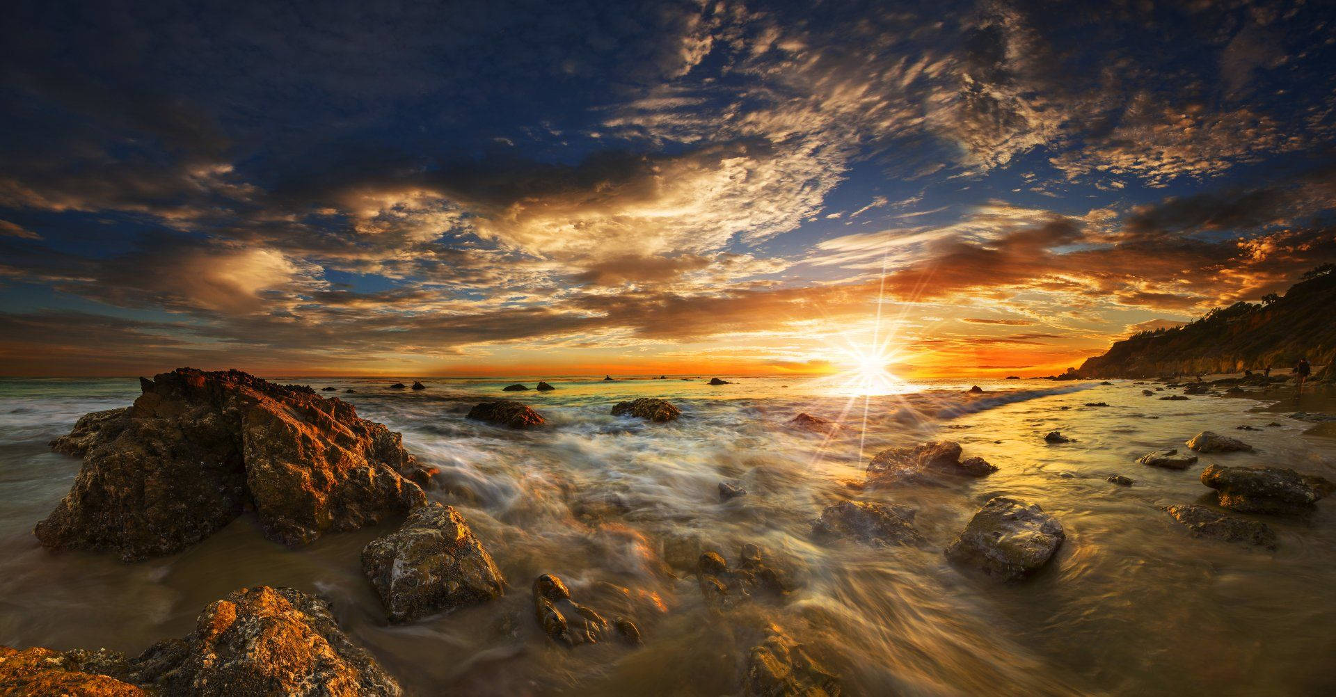 Malibu Beach, Sunset, fiery orange, Full HD Desktop Wallpaper