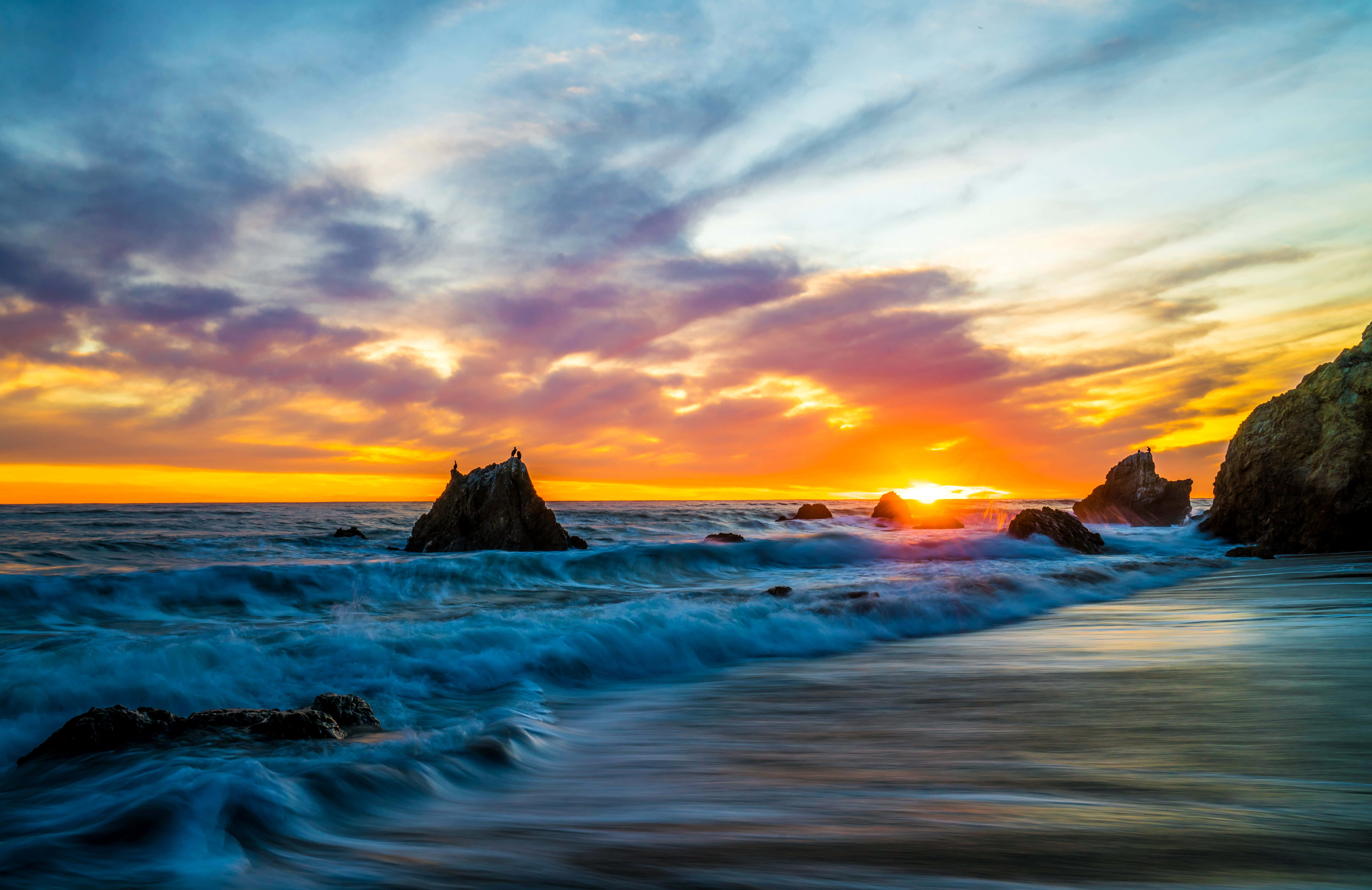 Malibu Beach, Sunset, fiery orange, 8K Desktop Wallpaper