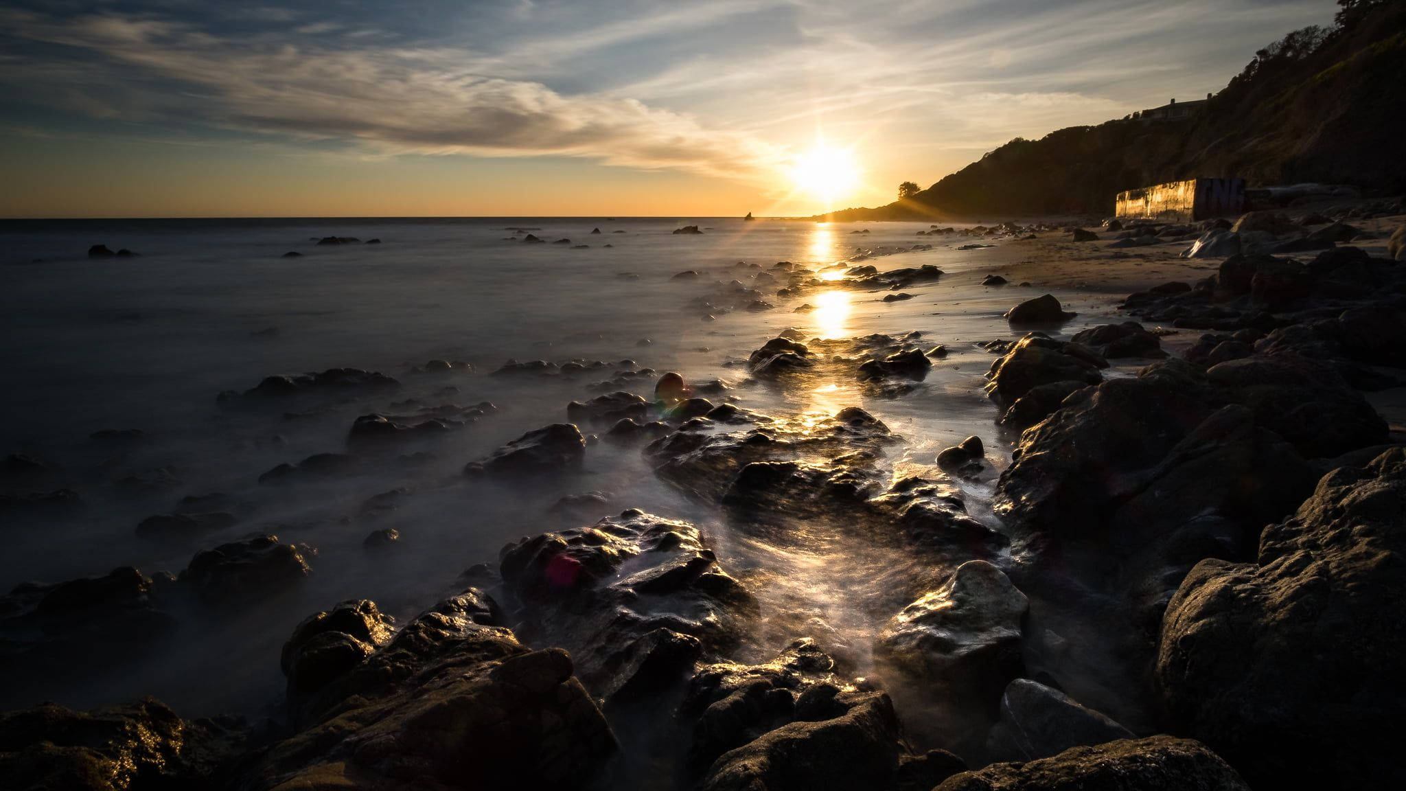 Malibu California, Sunset, rocky shoreline, Full HD Desktop Wallpaper