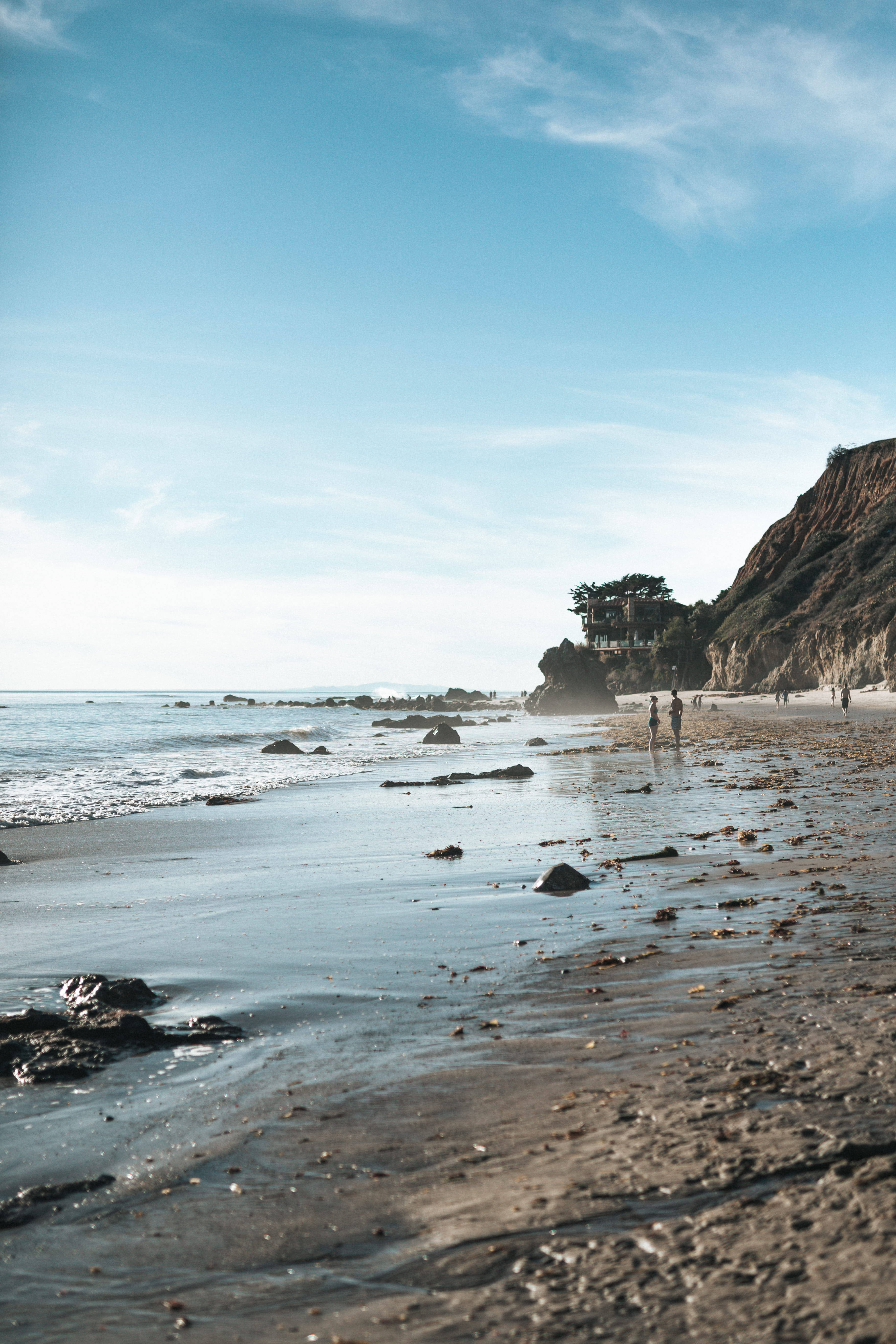 Malibu Beach, shoreline, wet sand, 5K Phone Wallpaper