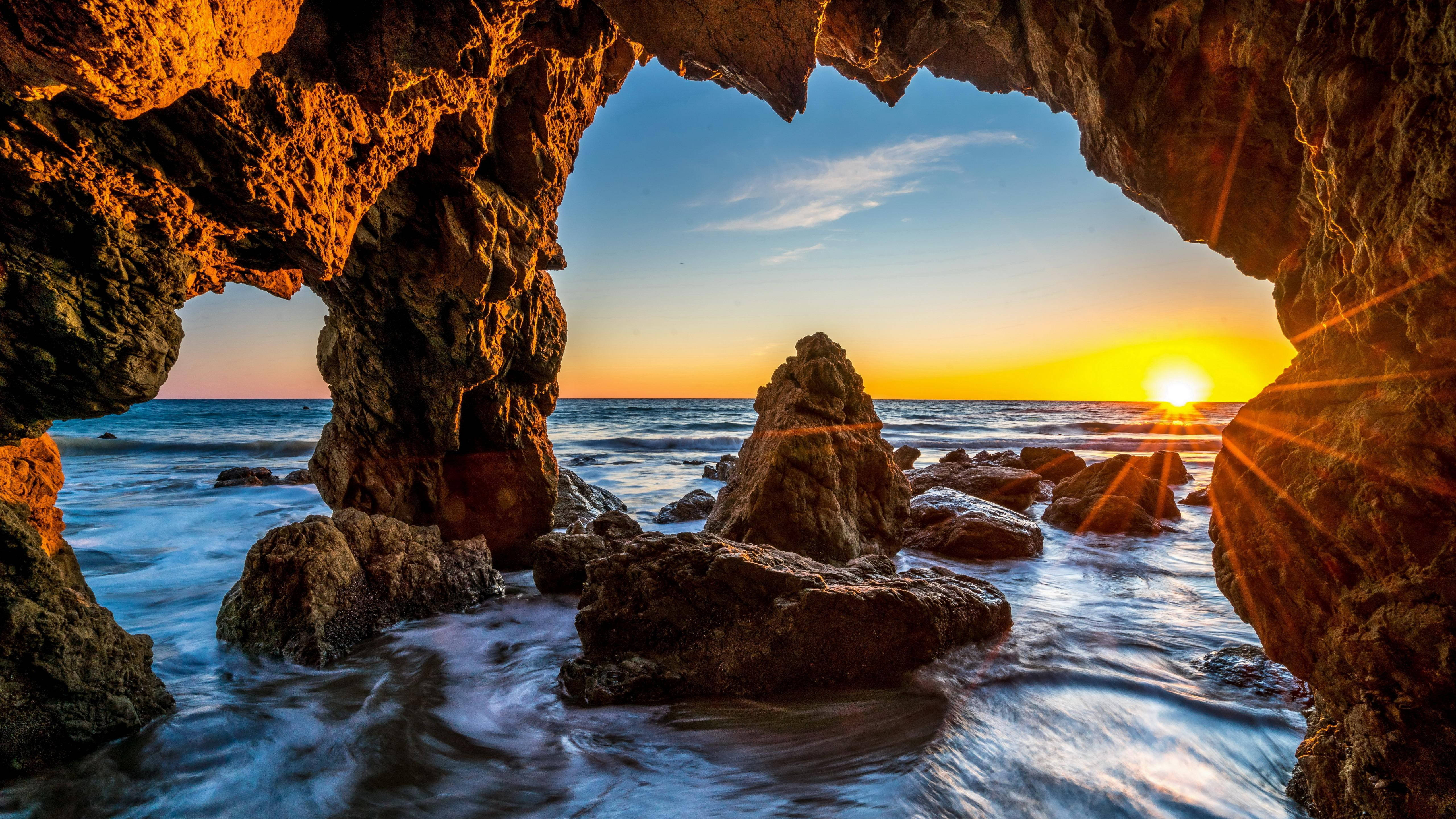 Malibu Beach California, Sunset, natural rock arch, 5K Desktop Wallpaper