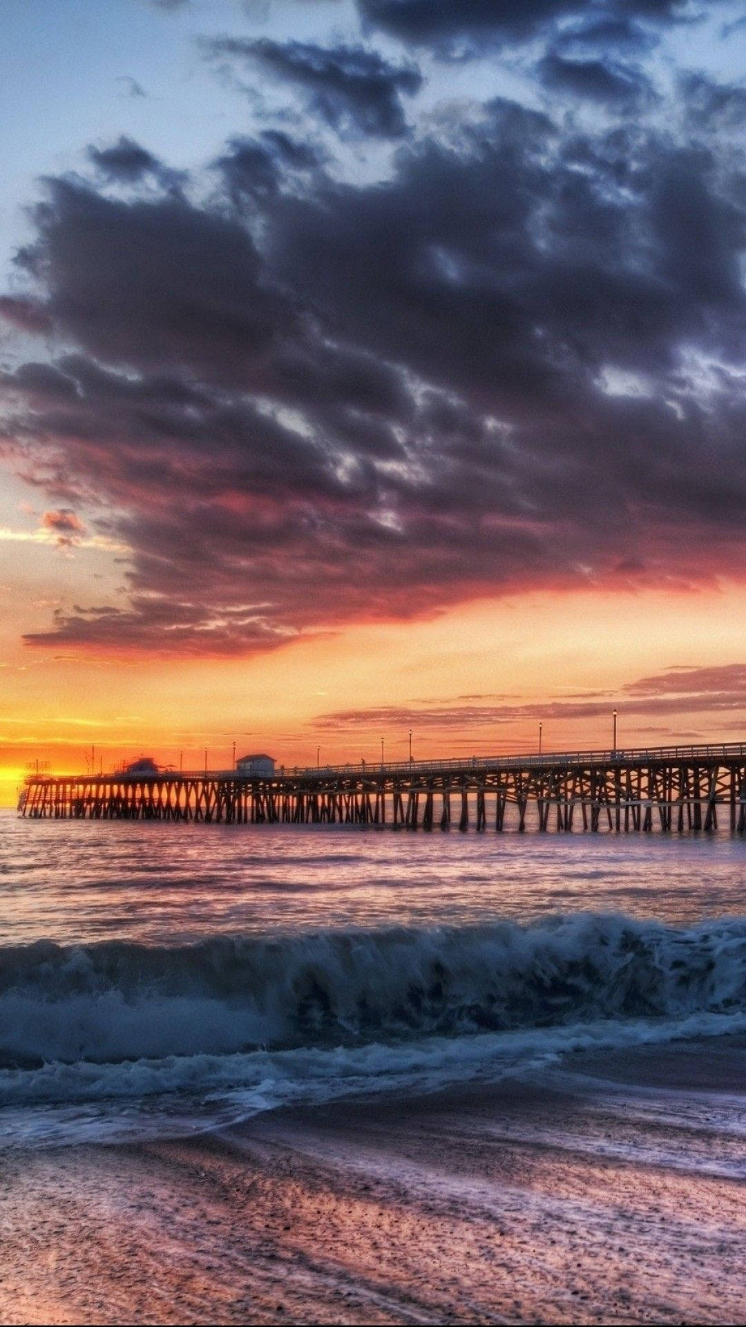 Malibu iPhone, crashing waves, wooden pier, Full HD Phone Wallpaper