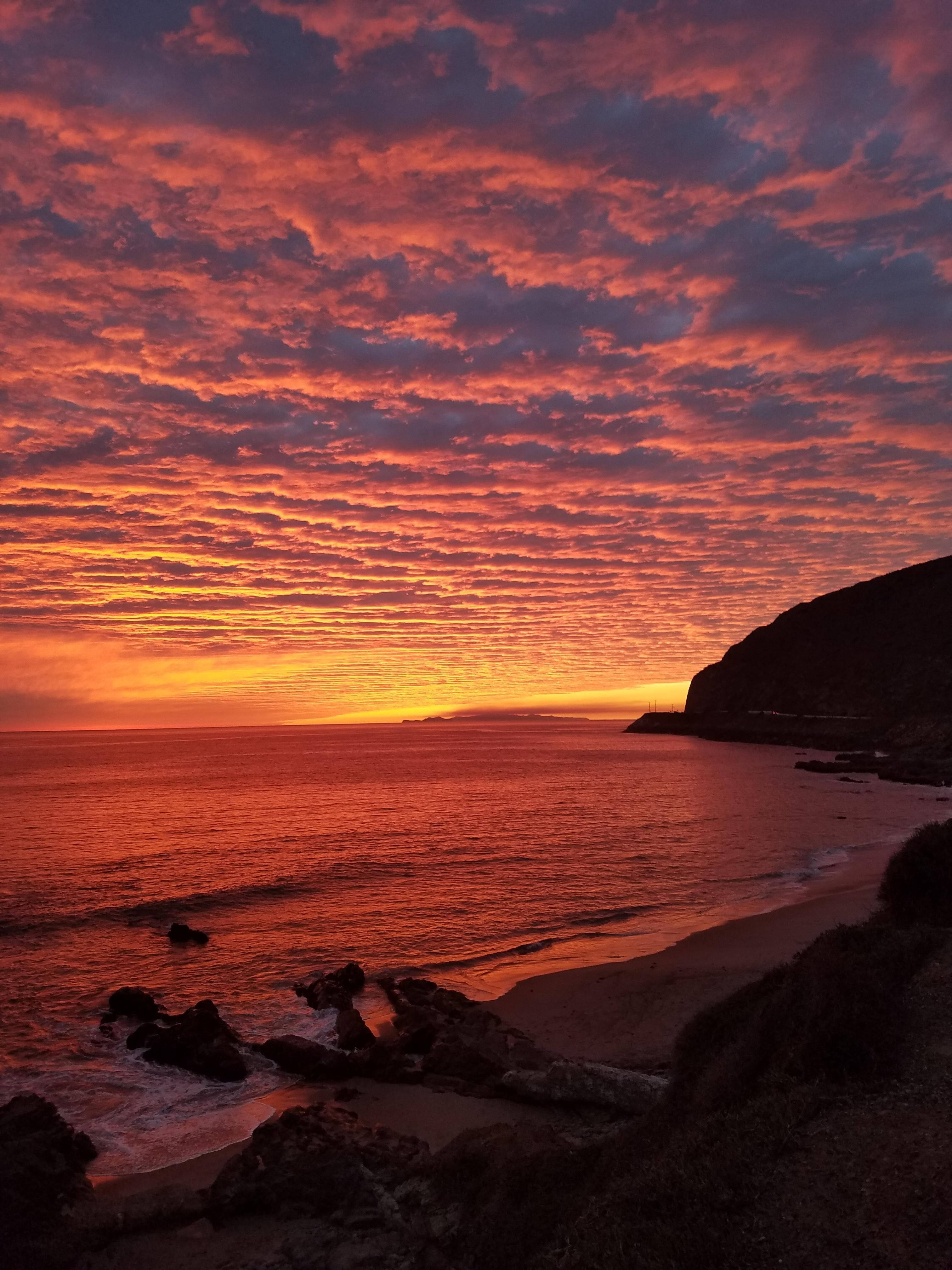 Malibu iPhone, orange clouds, fiery sunset, 4K Phone Wallpaper