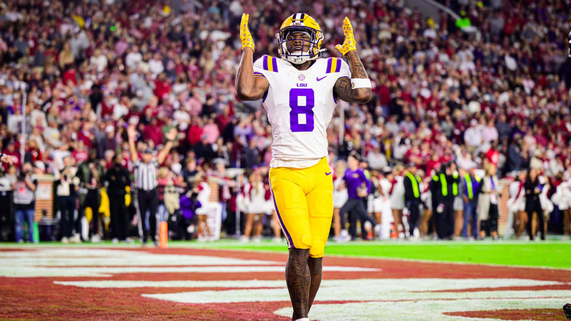 Malik Nabers, white purple and gold uniform, number 8, Full HD Desktop Wallpaper