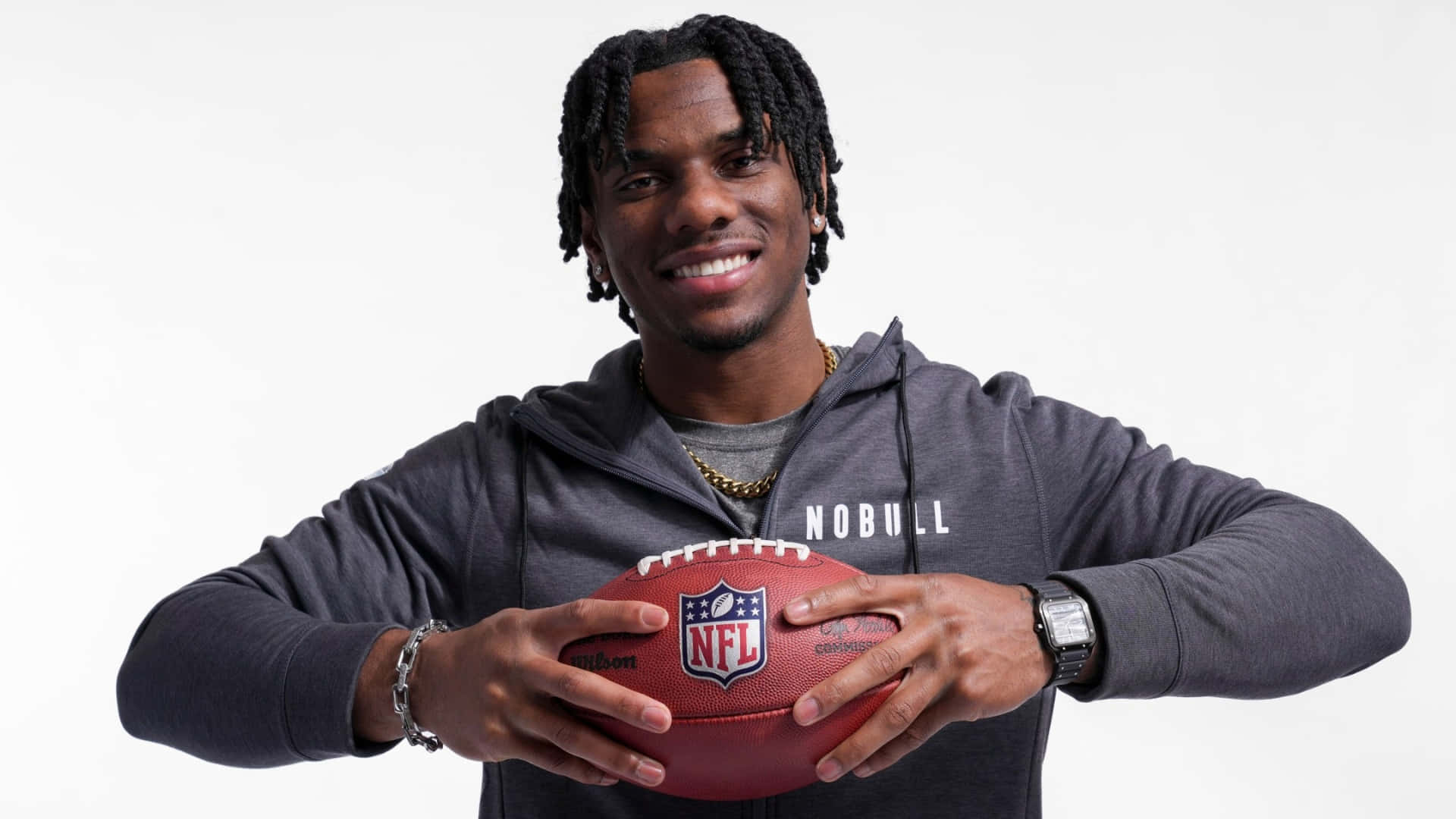 Malik Nabers, red NFL football, gray hoodie, Full HD Desktop Wallpaper