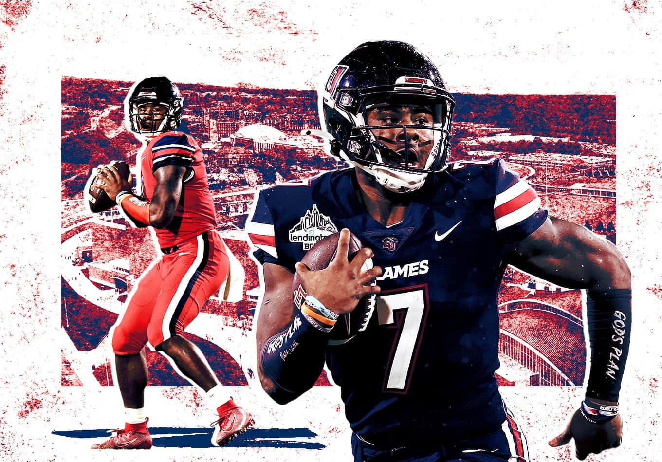 Malik Willis, football players, stylized stadium backdrop, HD Desktop Wallpaper