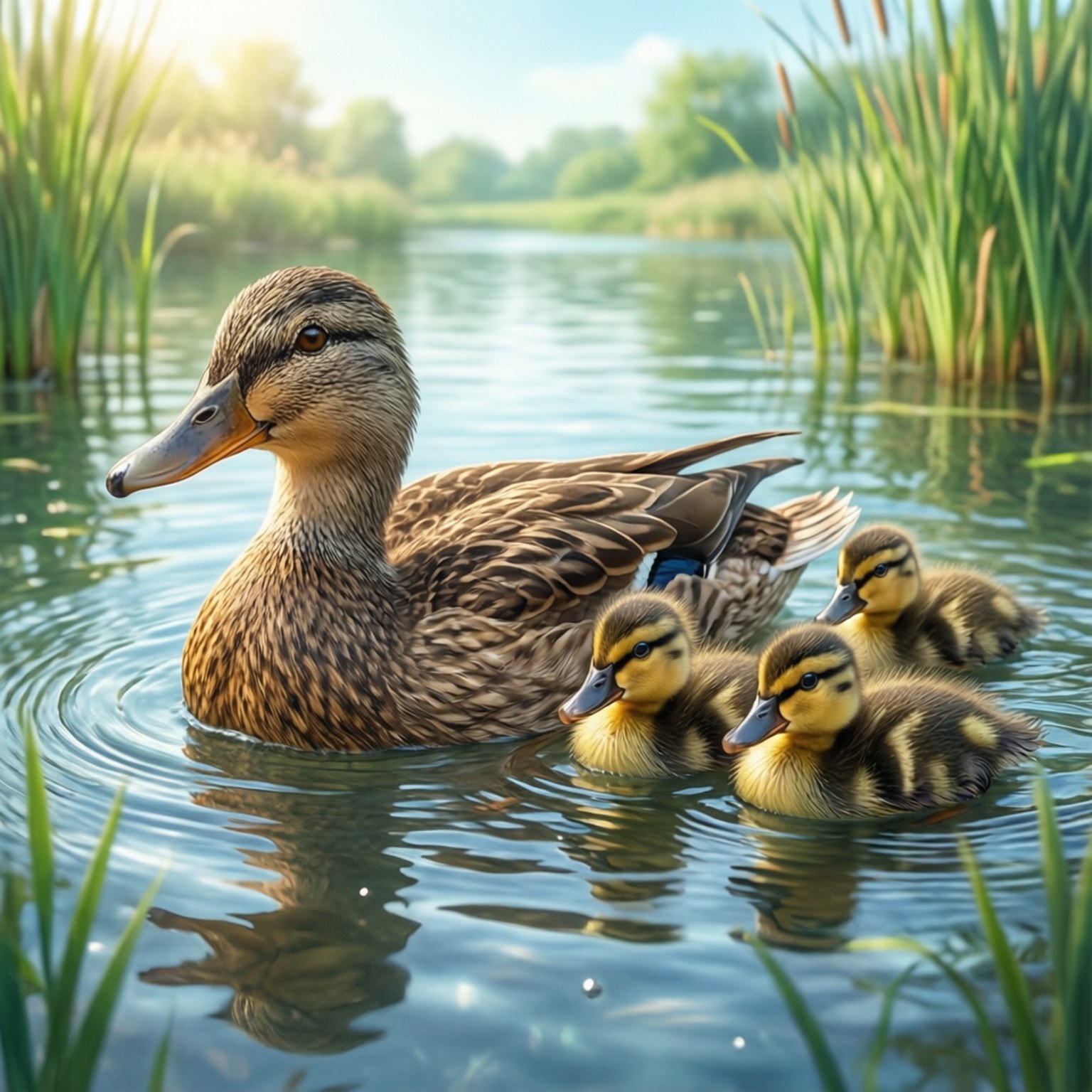 Mallard, mother duck, ducklings, HD Desktop Wallpaper