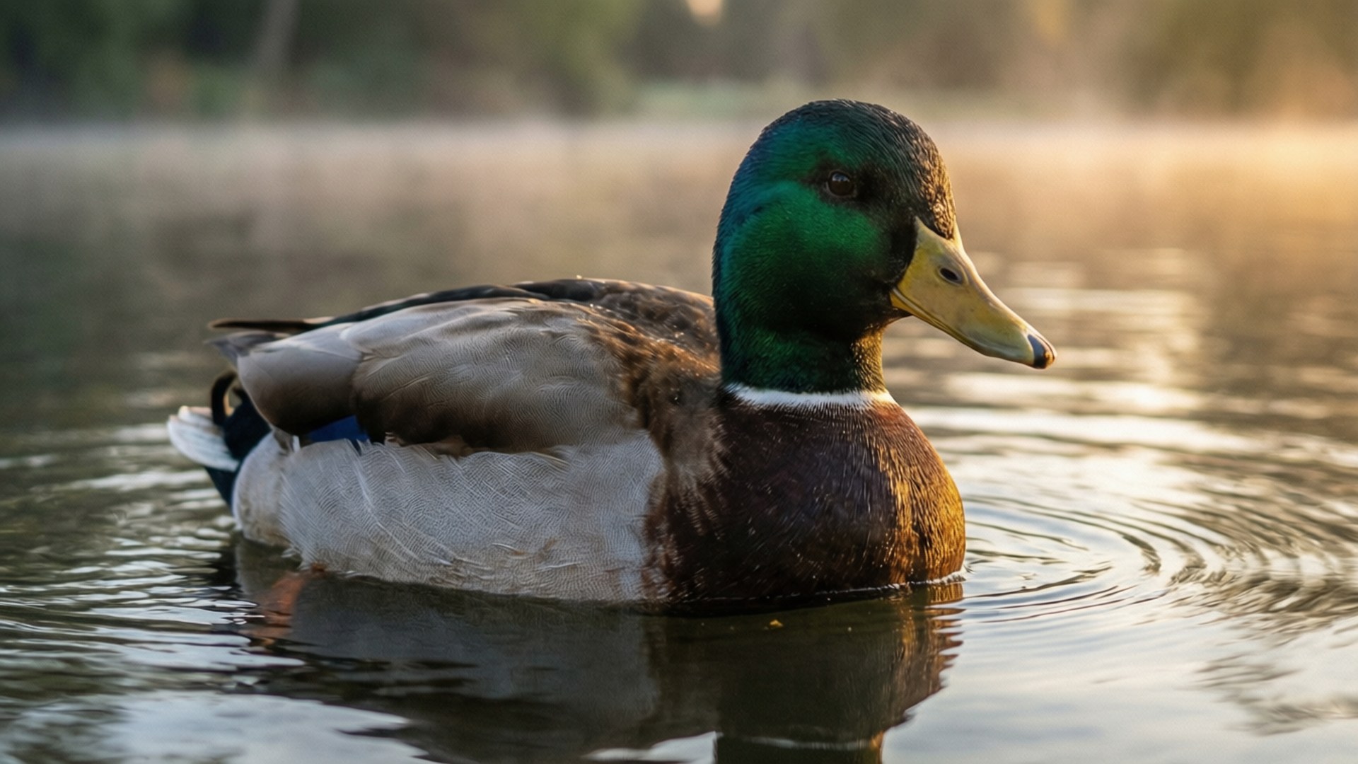Mallard, dawn, iridescent green head, Full HD Desktop Wallpaper
