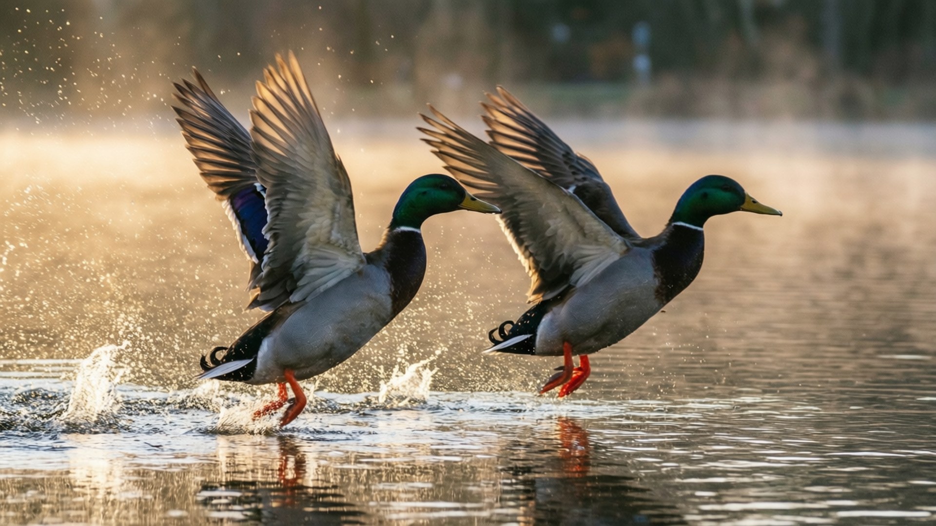 Mallard, misty lake, sunrise, Full HD Desktop Wallpaper