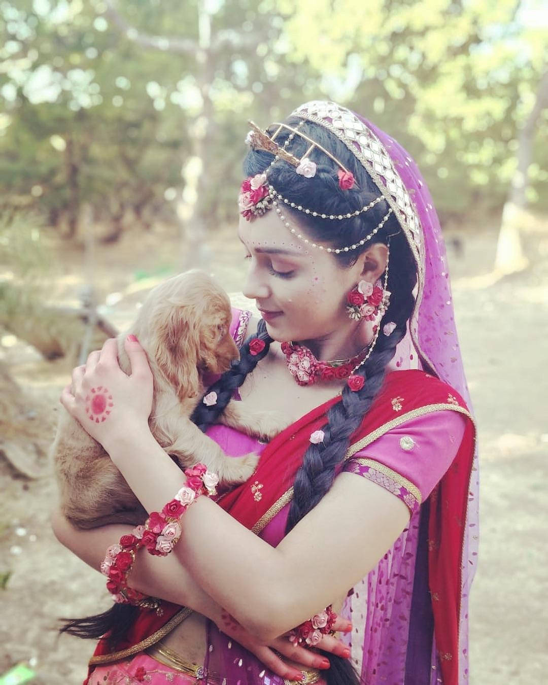 Mallika Singh, pink and red traditional attire, small fluffy puppy, HD Phone Wallpaper