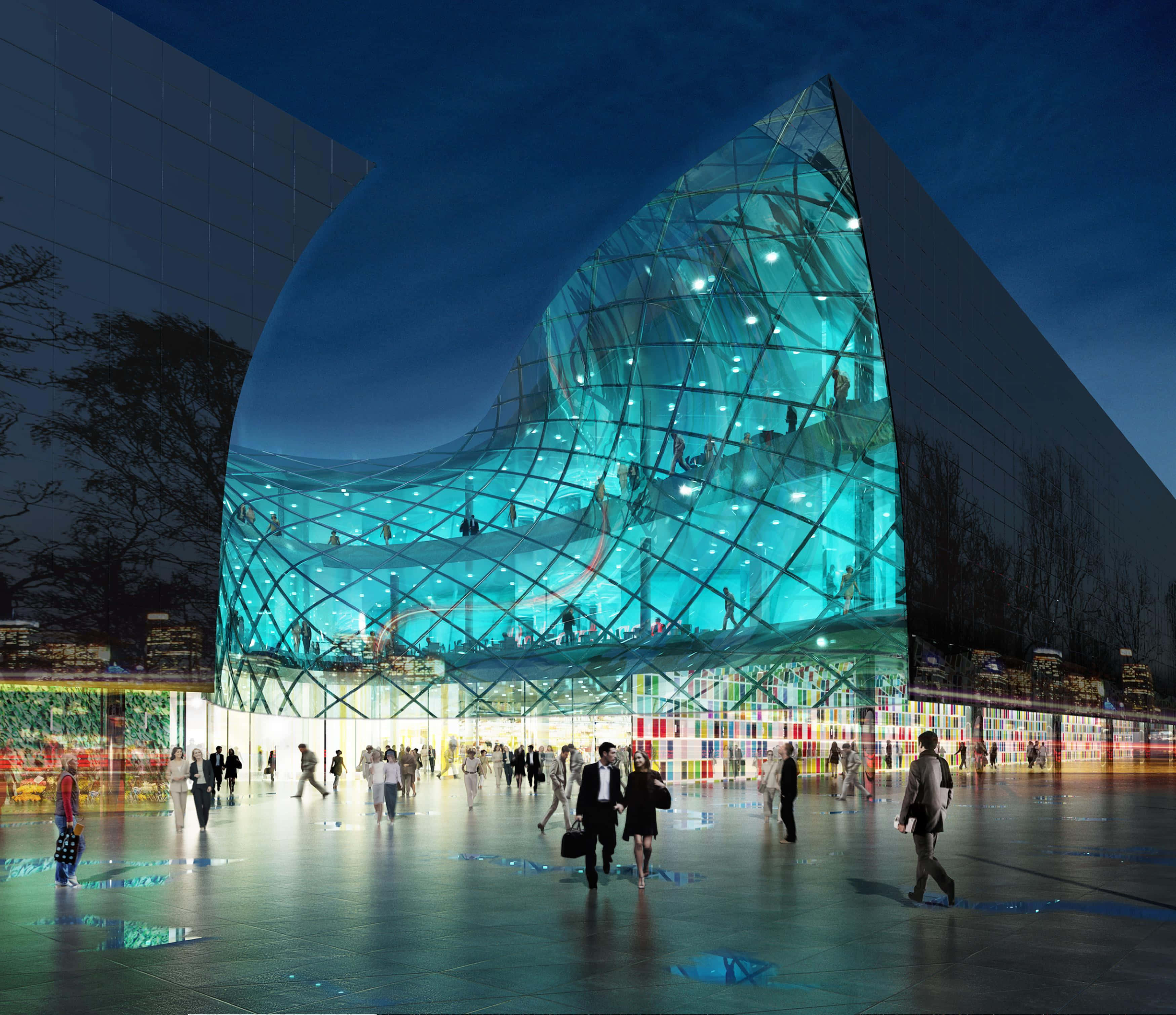 Malmö, sunset, futuristic glass-domed building, 2K Desktop Wallpaper