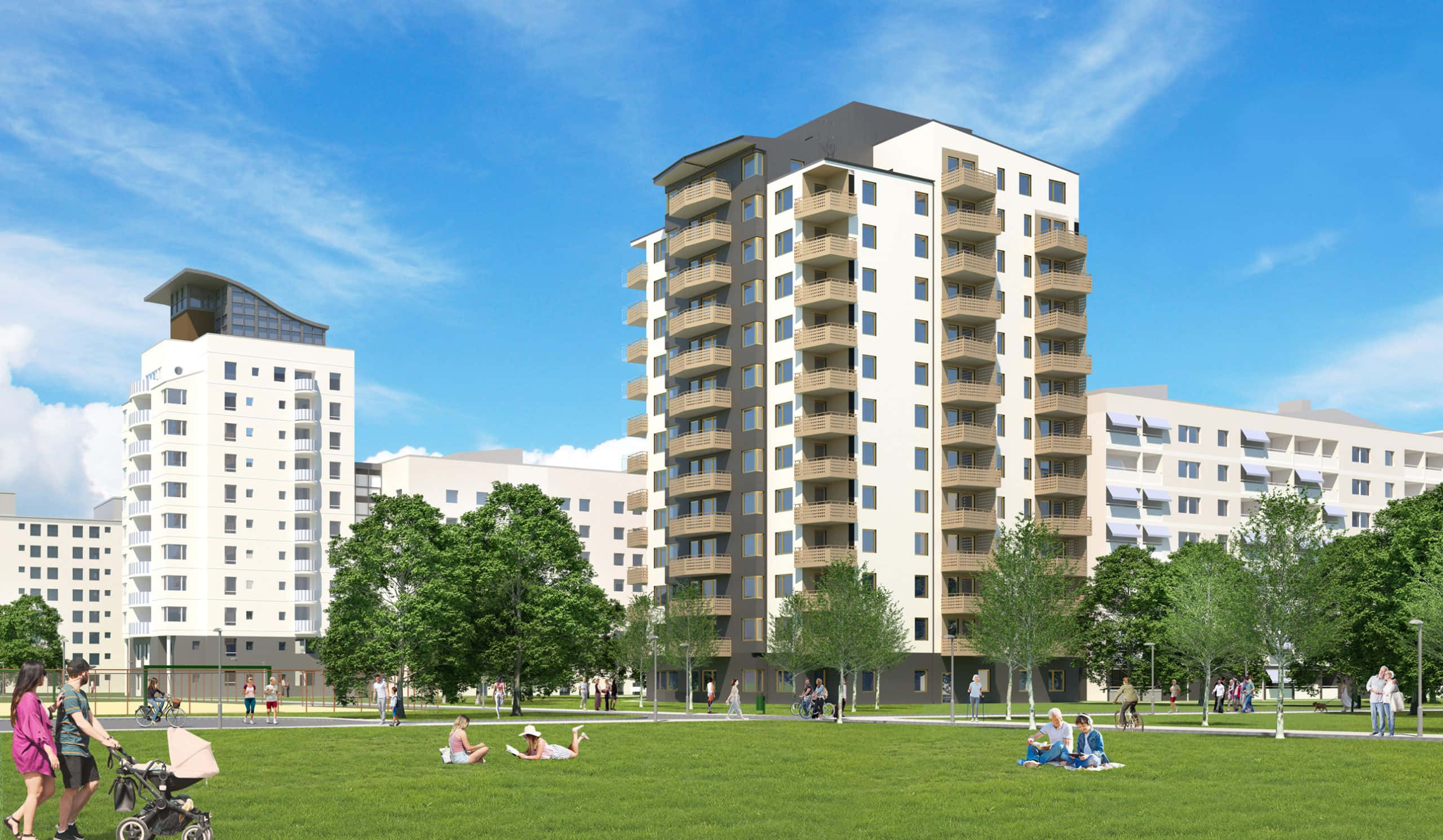 Malmö, modern apartment complex, vibrant green park, 2K Desktop Wallpaper