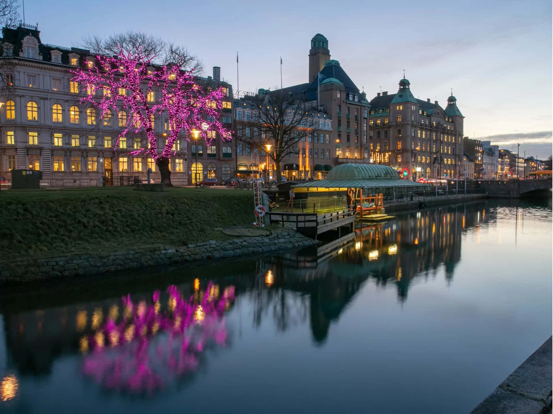 Malmö, twilight, canal, Full HD Desktop Wallpaper