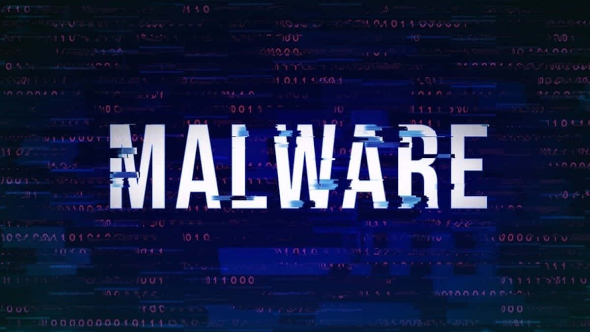 malware, glowing white letters, glitching blue digital background, SD Desktop Wallpaper