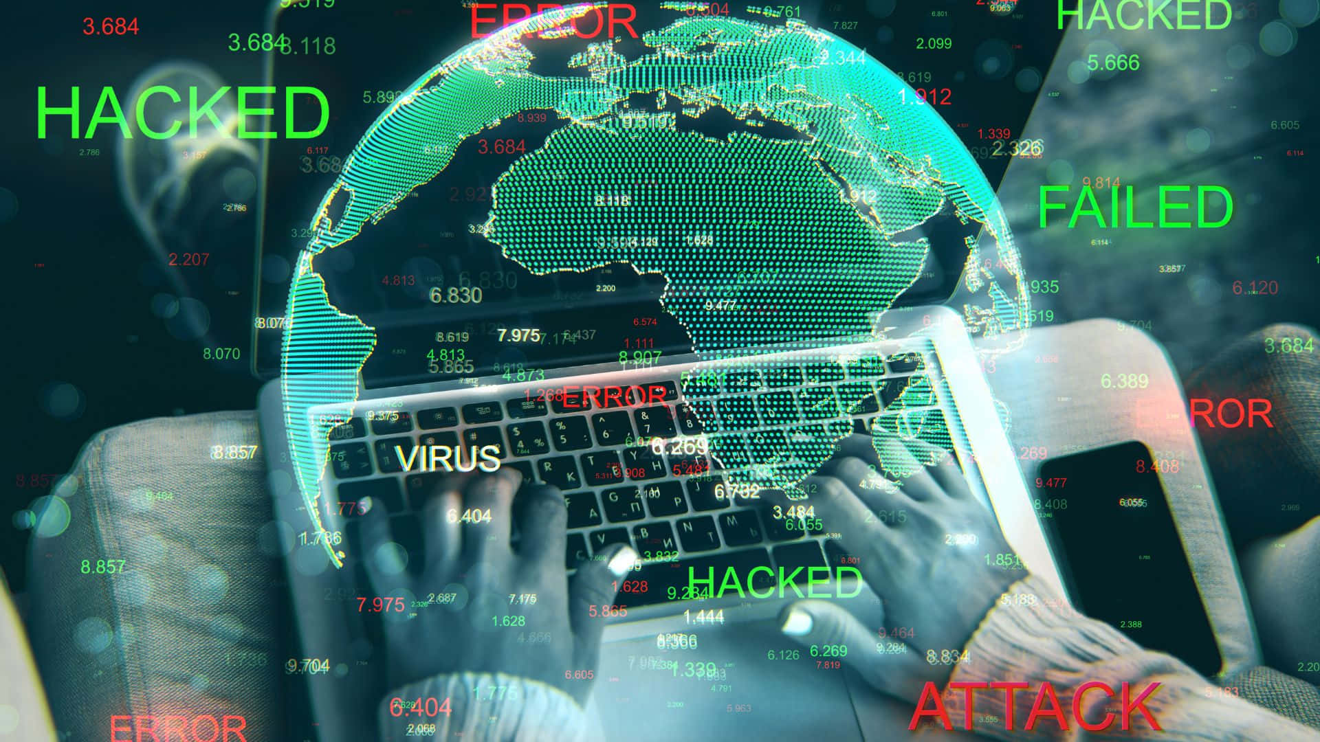 Malware, laptop, glowing digital globe, Full HD Desktop Wallpaper